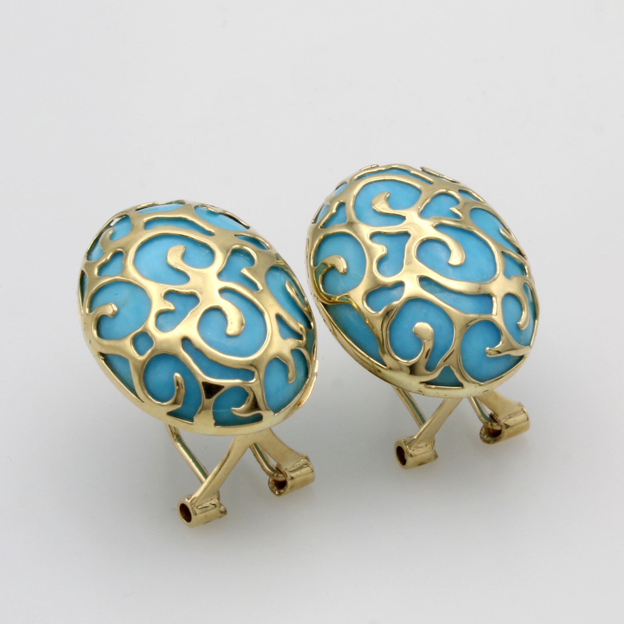 Image 27054045 - Paar Ohrstecker mit Türkisen, GG 585/000, ovale Türkise unter Goldornamenten, m. ...