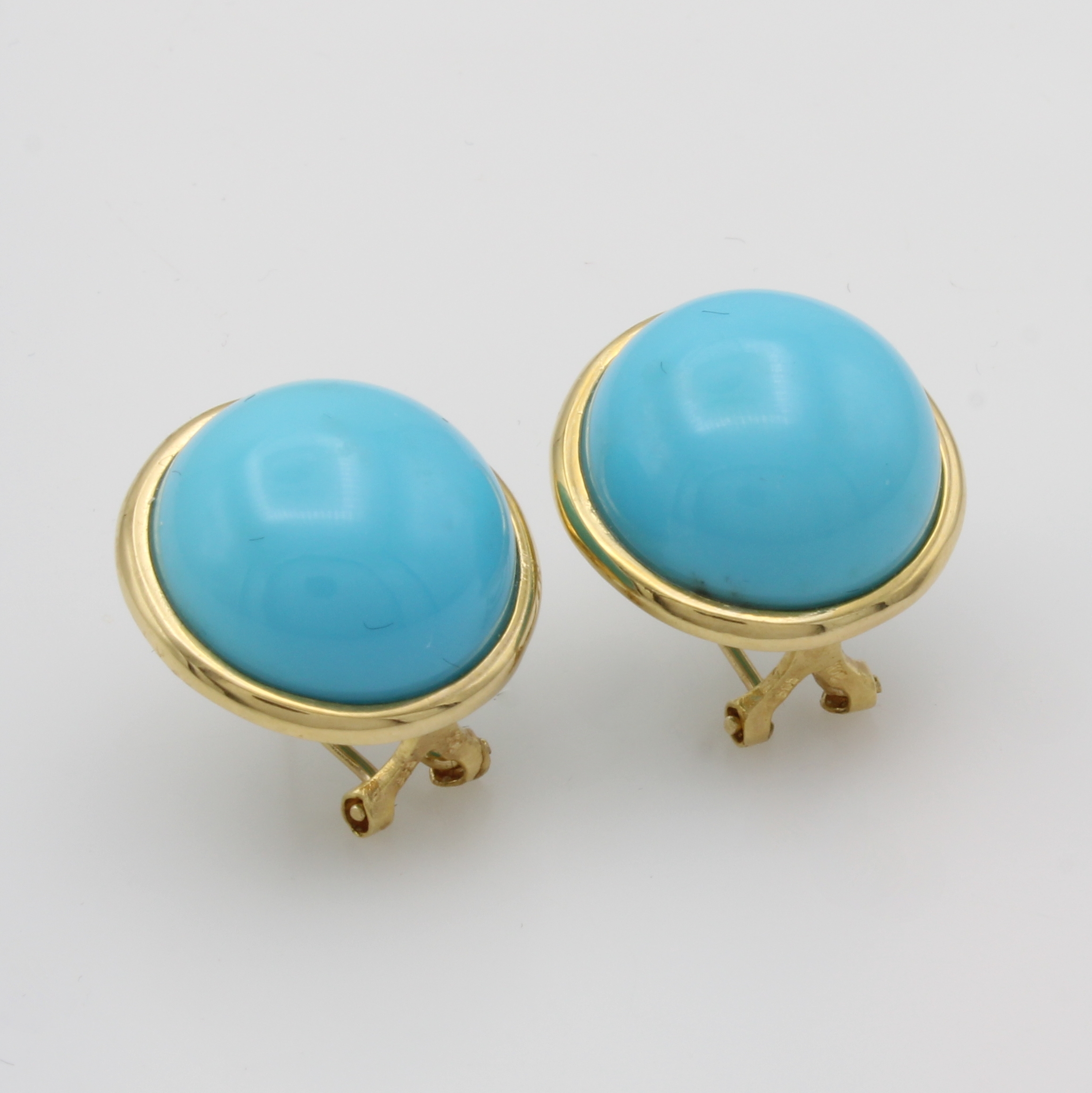 Image 27054046 - Paar Türkisohrstecker, GG 585/000, bouttonf.Türkise ca. 16 mm in glatten Fassungen, m. ...