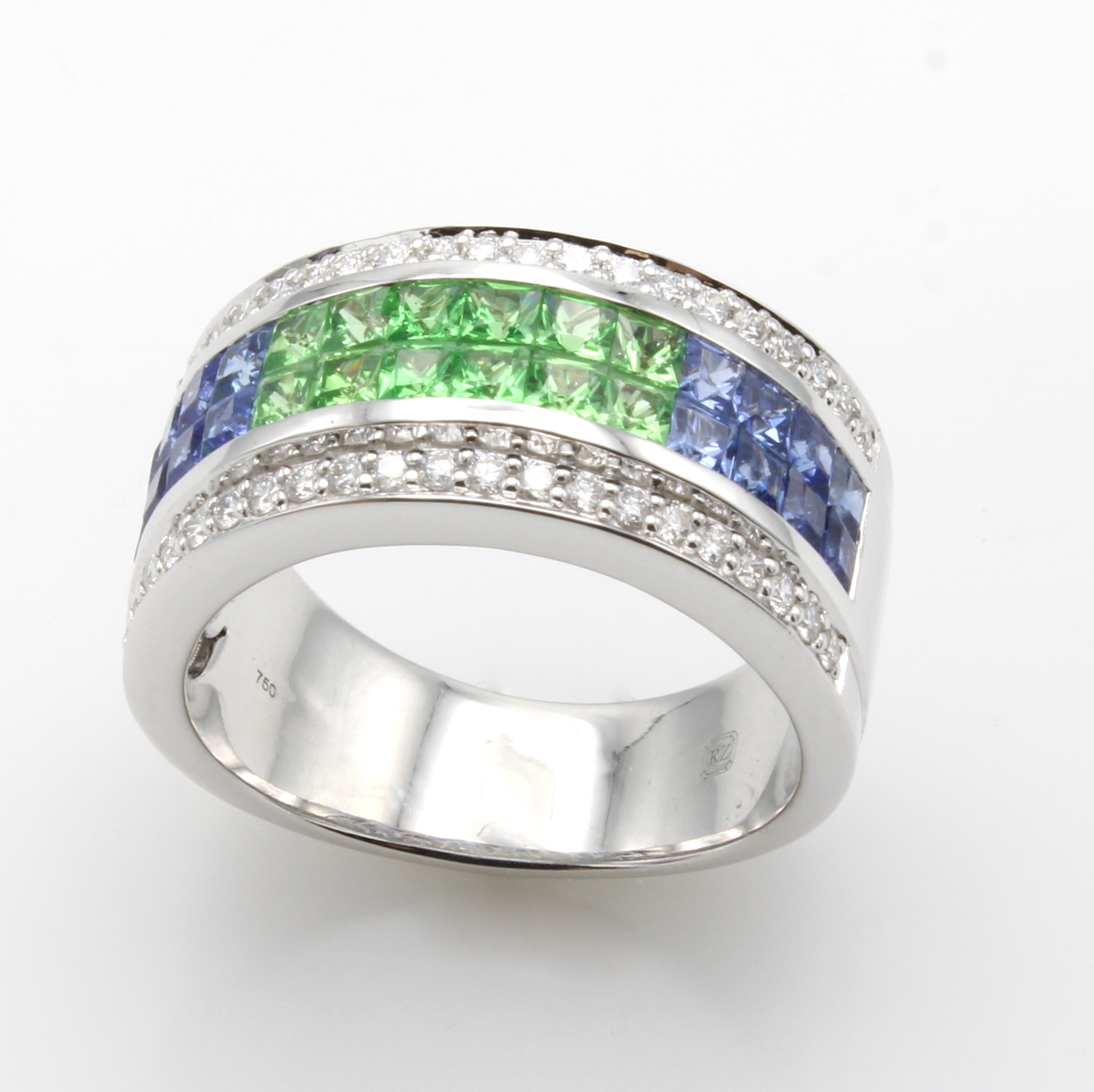 Image 27054068 - Ring mit Tsavoriten, Saphiren und Brillanten, WG 750/000, 12 Tsavoritcarrées zus. ca. ...