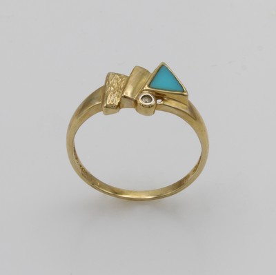 27054048a - Türkisring mit Diamant, GG 585/000, Diam. ca. 0,01 ct Weiß/p, dreieck Türkis, RW ca. ...