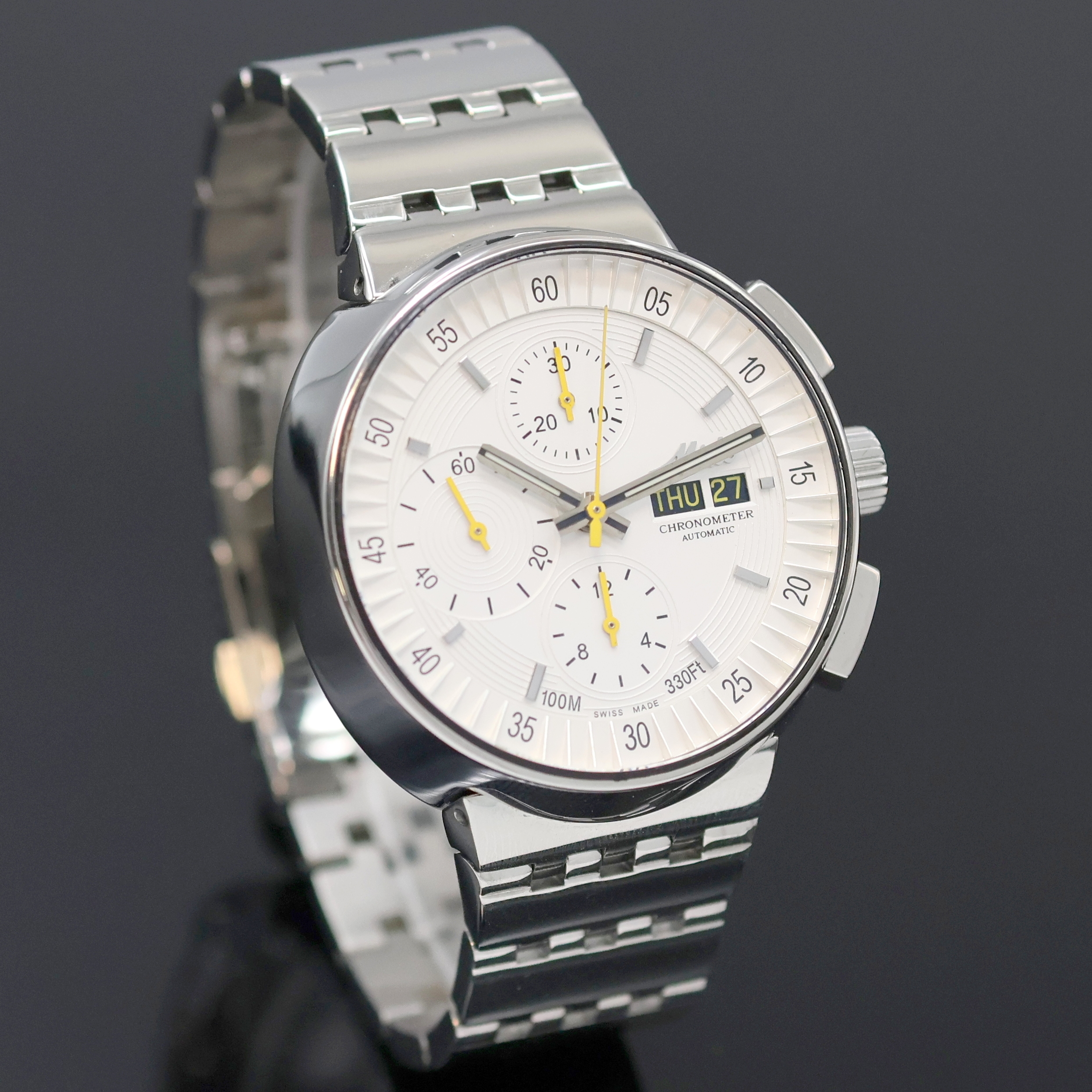 Detail b: MIDO All Dial Armbandchronograph Referenz 8360, Schweiz um 2015, Edelstahlgeh. inkl. Gliederband m. Faltschl., Boden u. Krone verschr., weißes ...