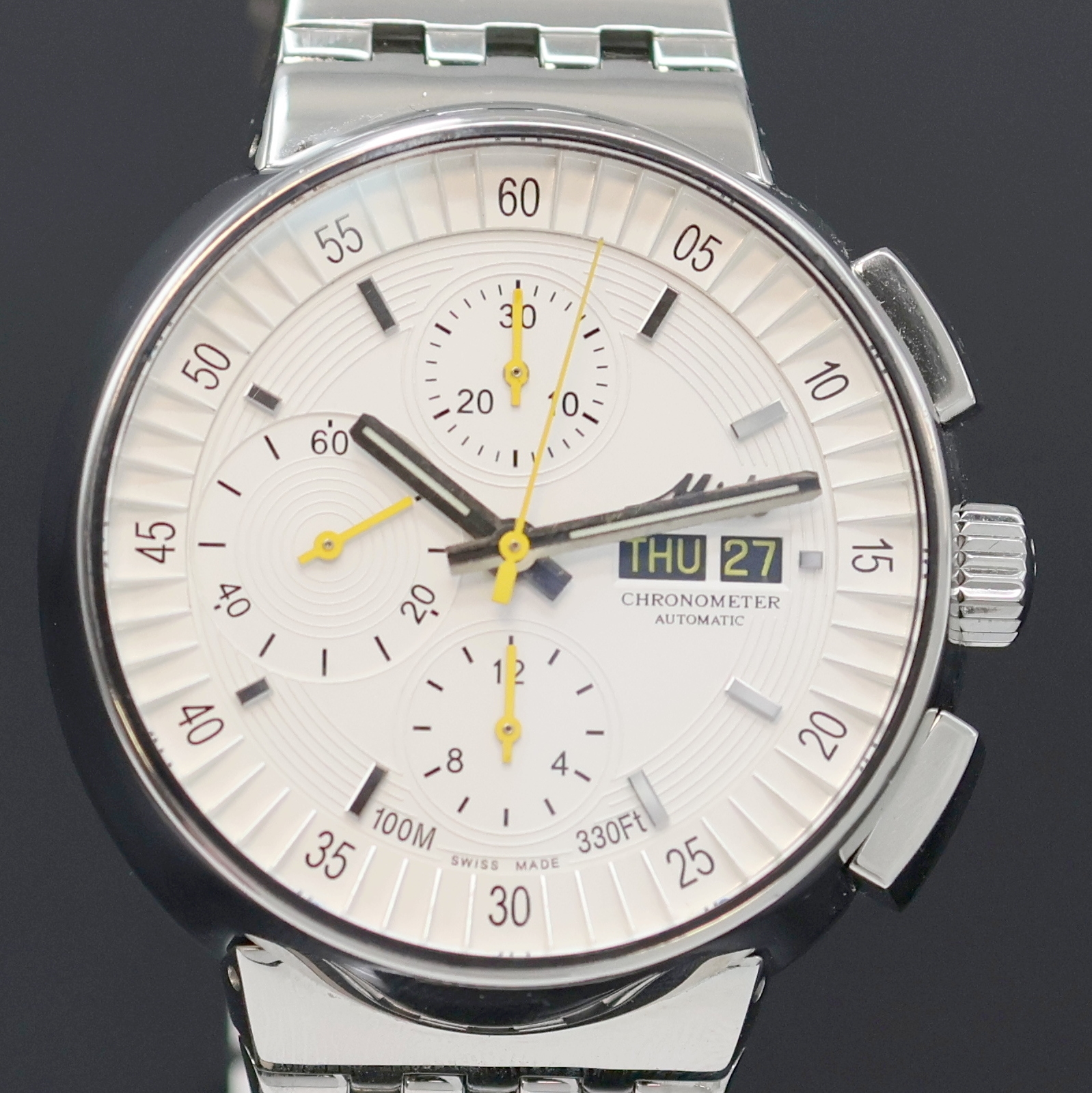 Detail c: MIDO All Dial Armbandchronograph Referenz 8360, Schweiz um 2015, Edelstahlgeh. inkl. Gliederband m. Faltschl., Boden u. Krone verschr., weißes ...