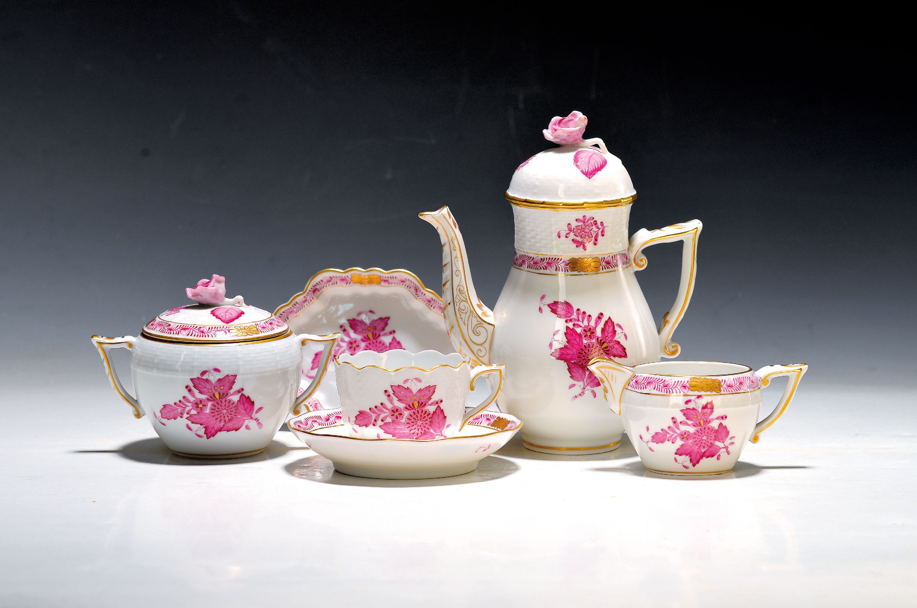 Image 27054570 - Mokkaservice, Herend Ungarn, Apponiy purpur, Kännchen, Zuckerdose, Sahnegießer, 6 ...