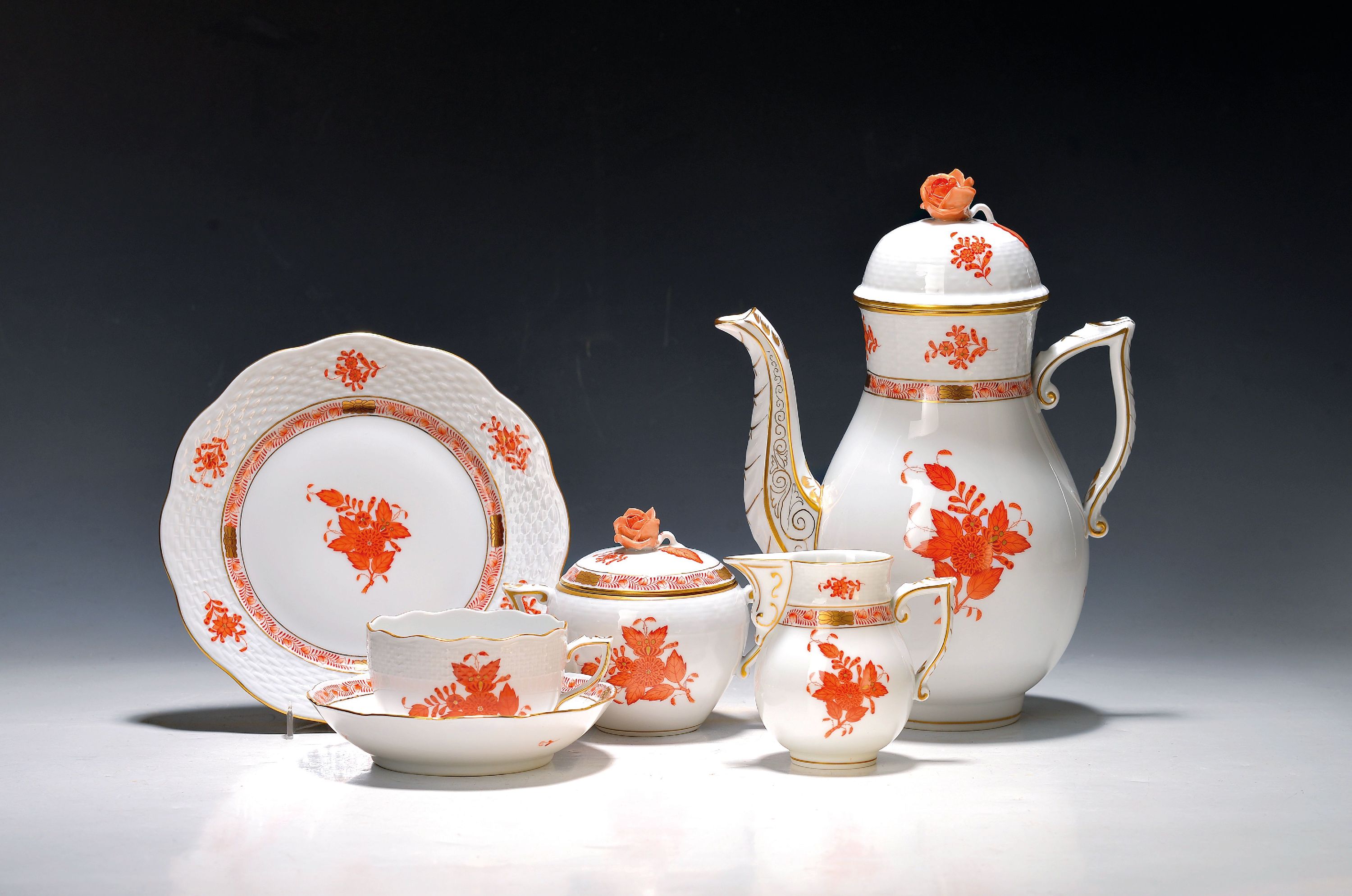 Image 27054587 - Kaffeeservice, Herend Ungarn, Dekor Apponiy eisenrot, Kanne, Zuckerdose, Milchkännchen, ...