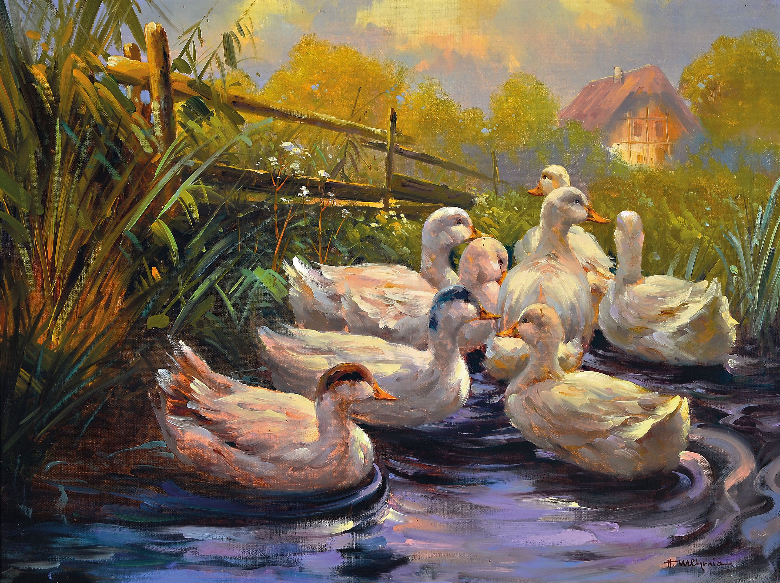 Image 27054590 - Hamid Mehrnia, geb. 1942, Enten auf dem Teich, Öl/Lwd, rechts unten signiert, ca. ...