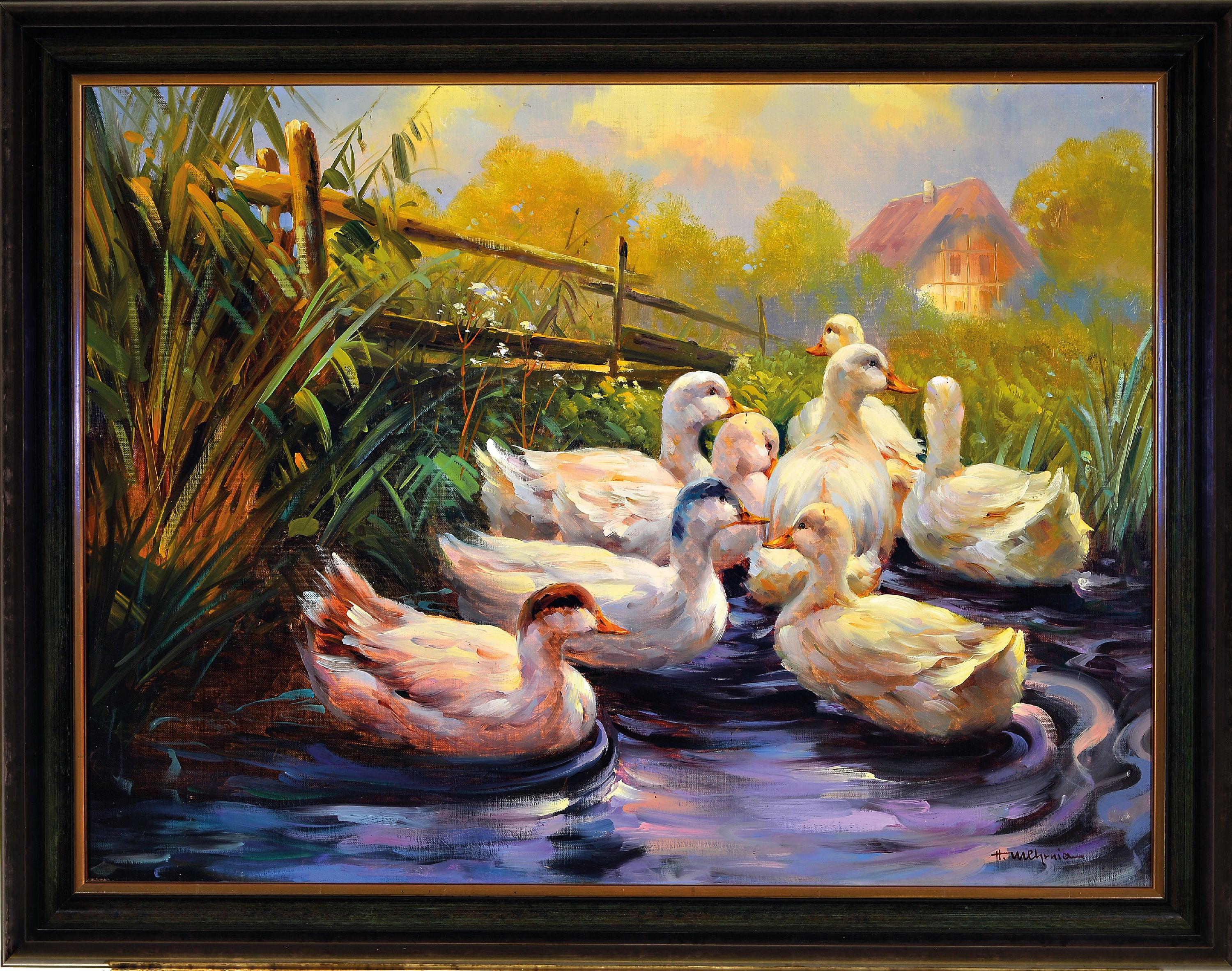 Detail k: Hamid Mehrnia, geb. 1942, Enten auf dem Teich, Öl/Lwd, rechts unten signiert, ca. 60x80cm, R. ca. 71x91cm