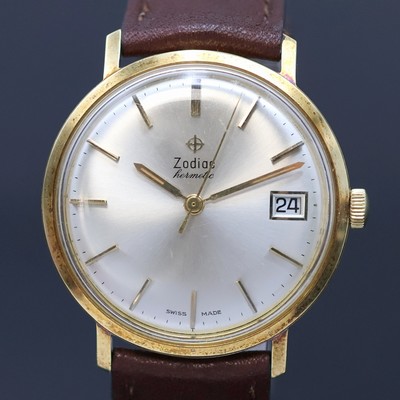 27054547b - ZODIAC Hermetic vergoldete Armbanduhr, Schweiz um 1960, Handaufzug, neutr. Lederband m. ...