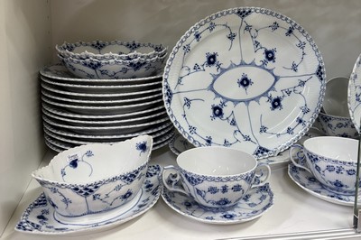 27054563c - Dining service, Kgl. Copenhagen, Musselmalet full lace decor, 12 plates, 12 soup bowls ...