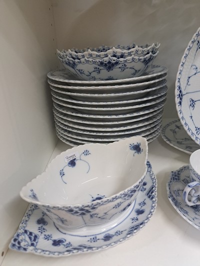 27054563h - Dining service, Kgl. Copenhagen, Musselmalet full lace decor, 12 plates, 12 soup bowls ...