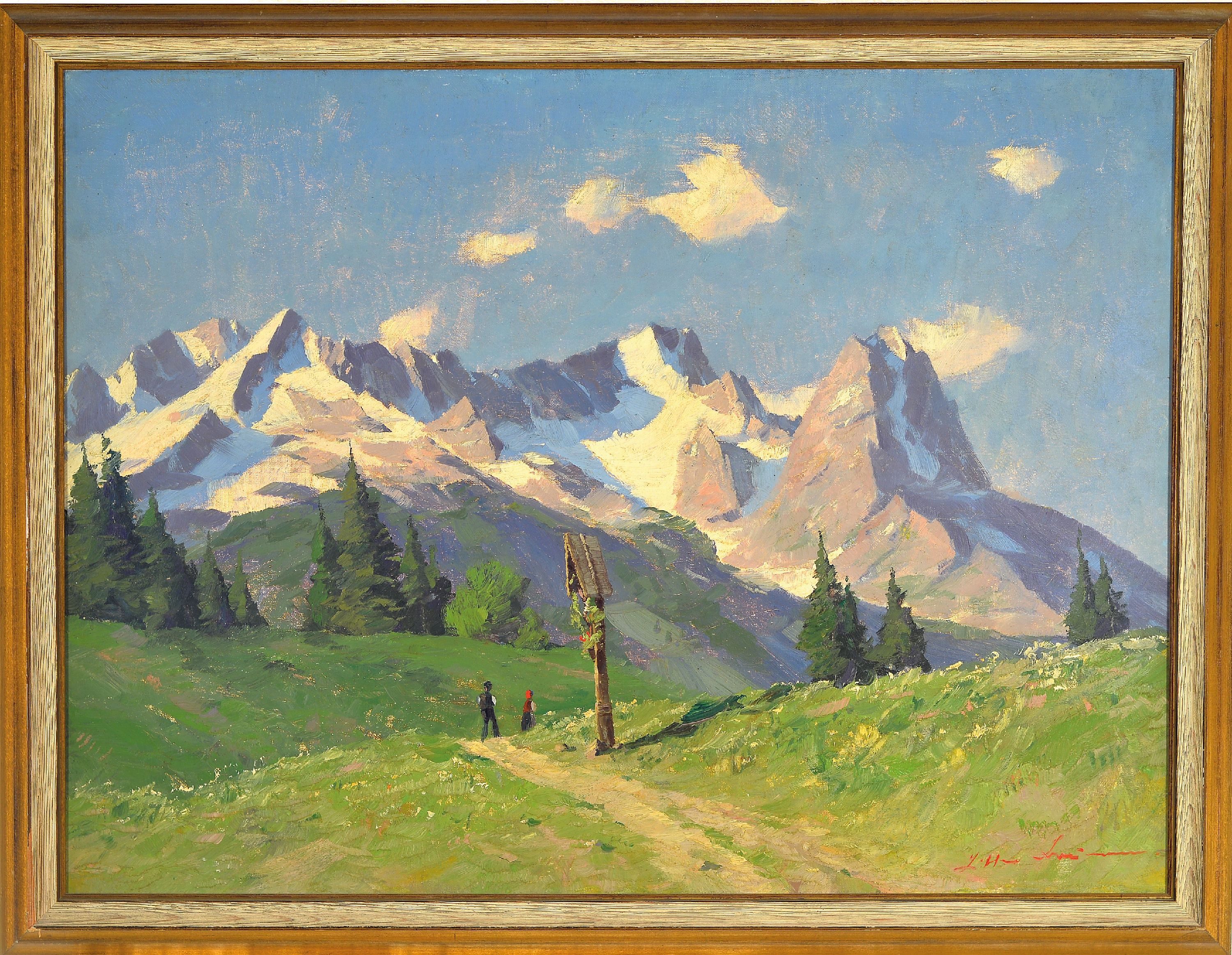 Detail k: Ungedeuteter Künstler der Mitte des 20.Jh., Alpenlandschaft mit Materl und Figurenstaffage, rechts unten signiert, Öl/Lwd., 59x78 cm, Rahmen 68x87 ...
