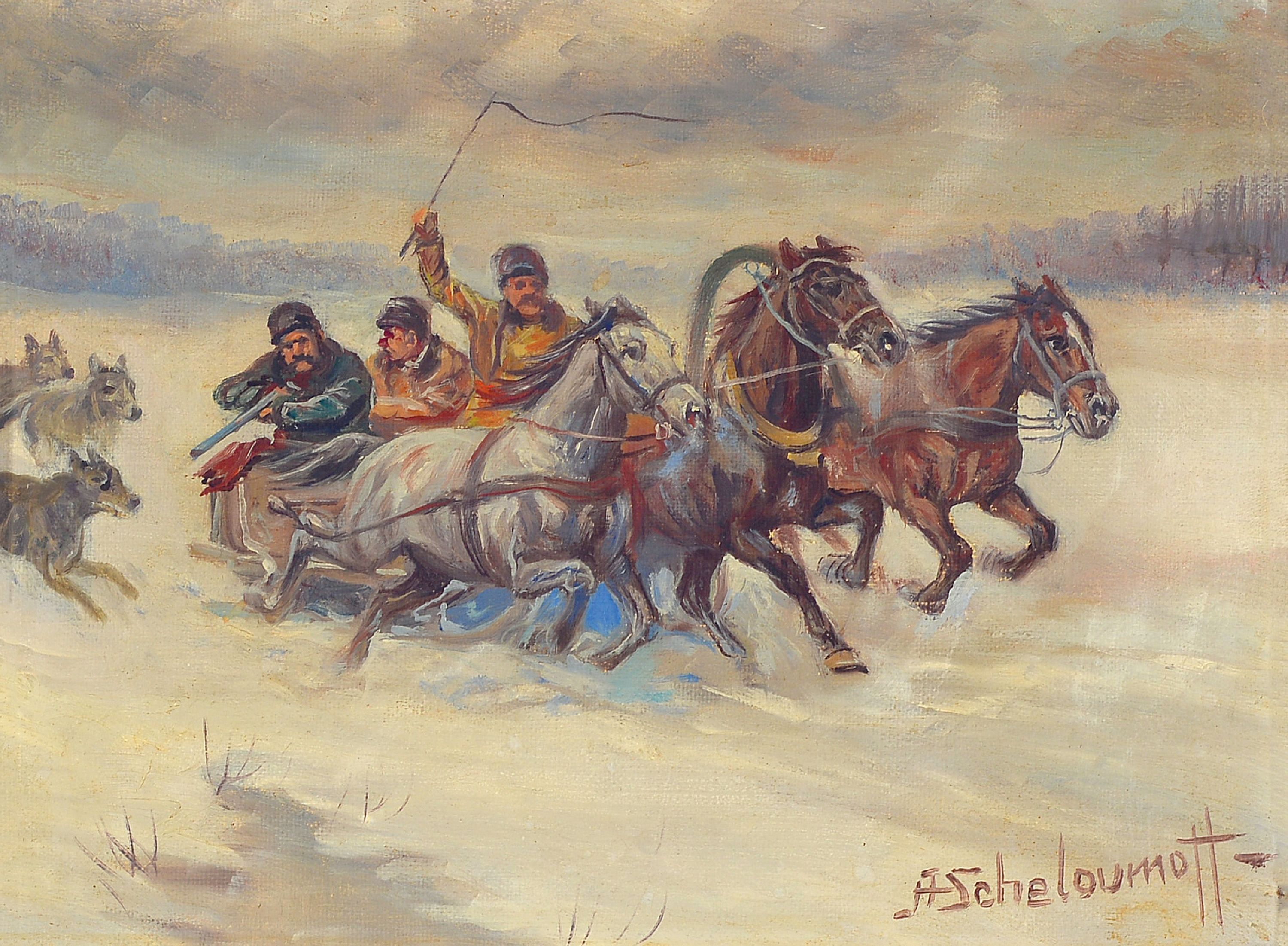 Detail a: Afanasij Ivanovic Scheloumoff, 1892 Kamenez -1983 Starnberg, 2 Werke, russische Schlittenzüge, 1x Wolfsangriff, je signiert, Öl/Lwd, 18x24 cm, ...