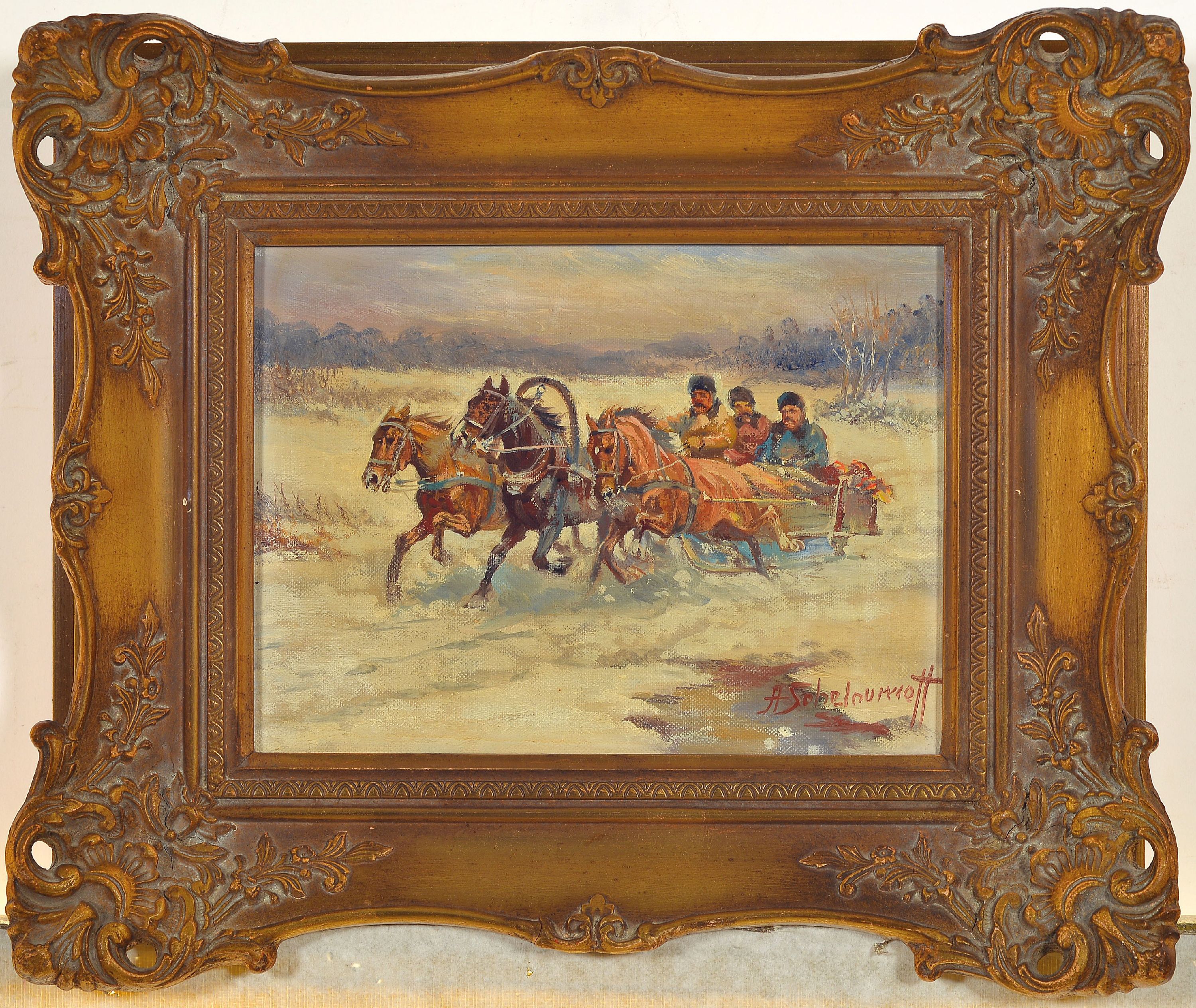 Detail k: Afanasij Ivanovic Scheloumoff, 1892 Kamenez -1983 Starnberg, 2 Werke, russische Schlittenzüge, 1x Wolfsangriff, je signiert, Öl/Lwd, 18x24 cm, ...