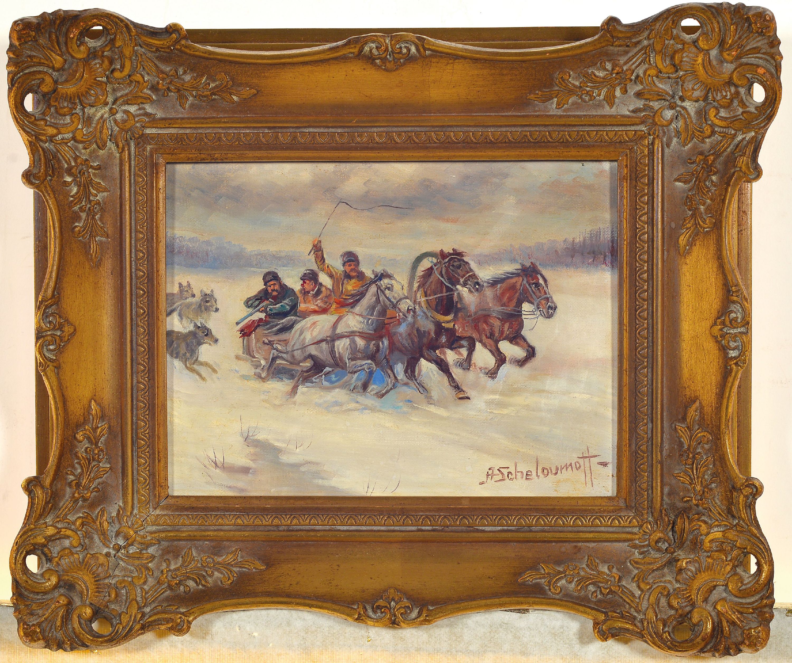 Detail l: Afanasij Ivanovic Scheloumoff, 1892 Kamenez -1983 Starnberg, 2 Werke, russische Schlittenzüge, 1x Wolfsangriff, je signiert, Öl/Lwd, 18x24 cm, ...