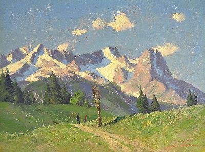 Image Ungedeuteter Künstler der Mitte des 20.Jh., Alpenlandschaft mit Materl und ...