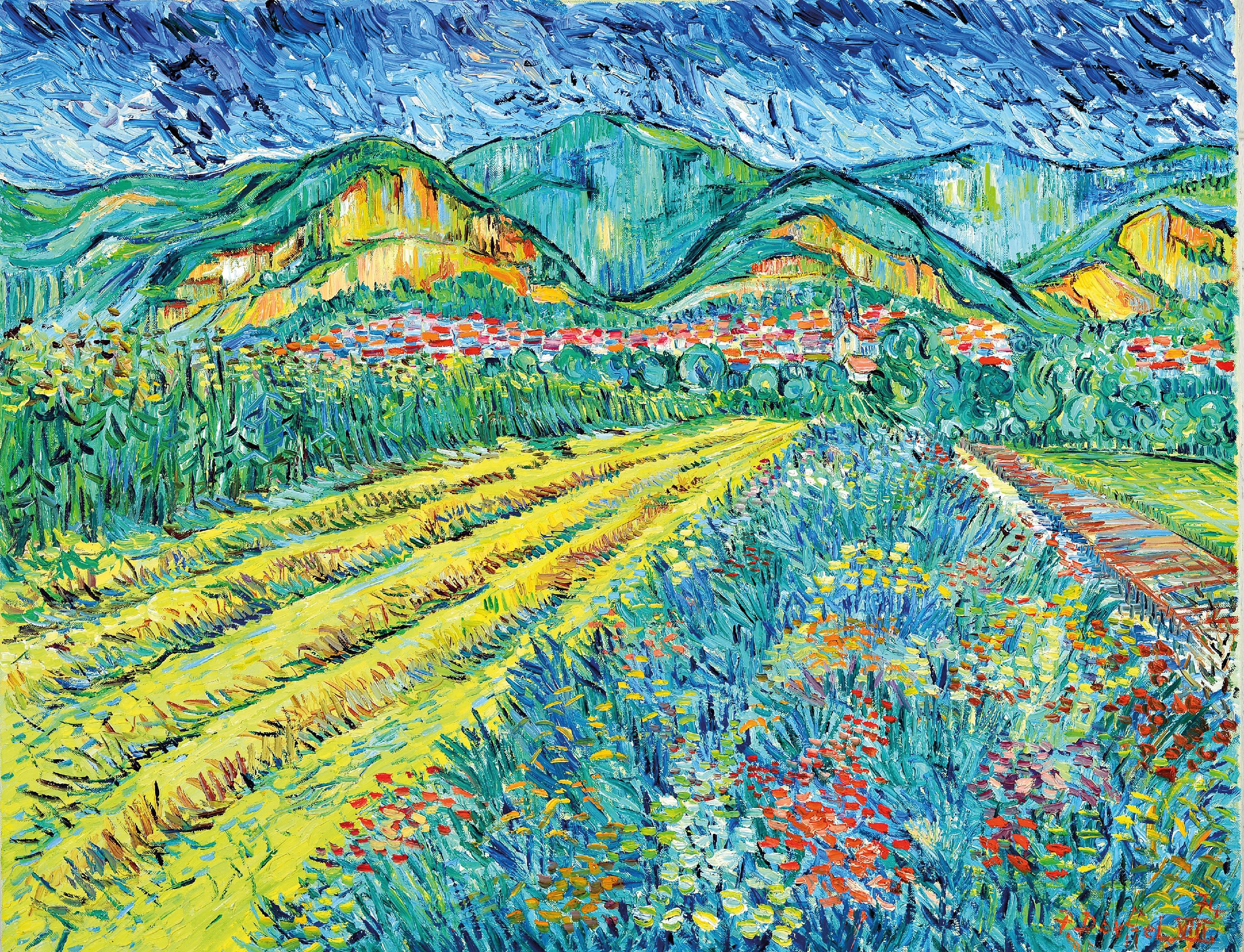 Detail k: Peter Dörffel, 1935 Halle-2021 Heidelberg, Landschaft an der Bergstraße, Blick auf Dossenheim, im Duktus Vincent van Goghs, Öl/Lwd, links unten ...