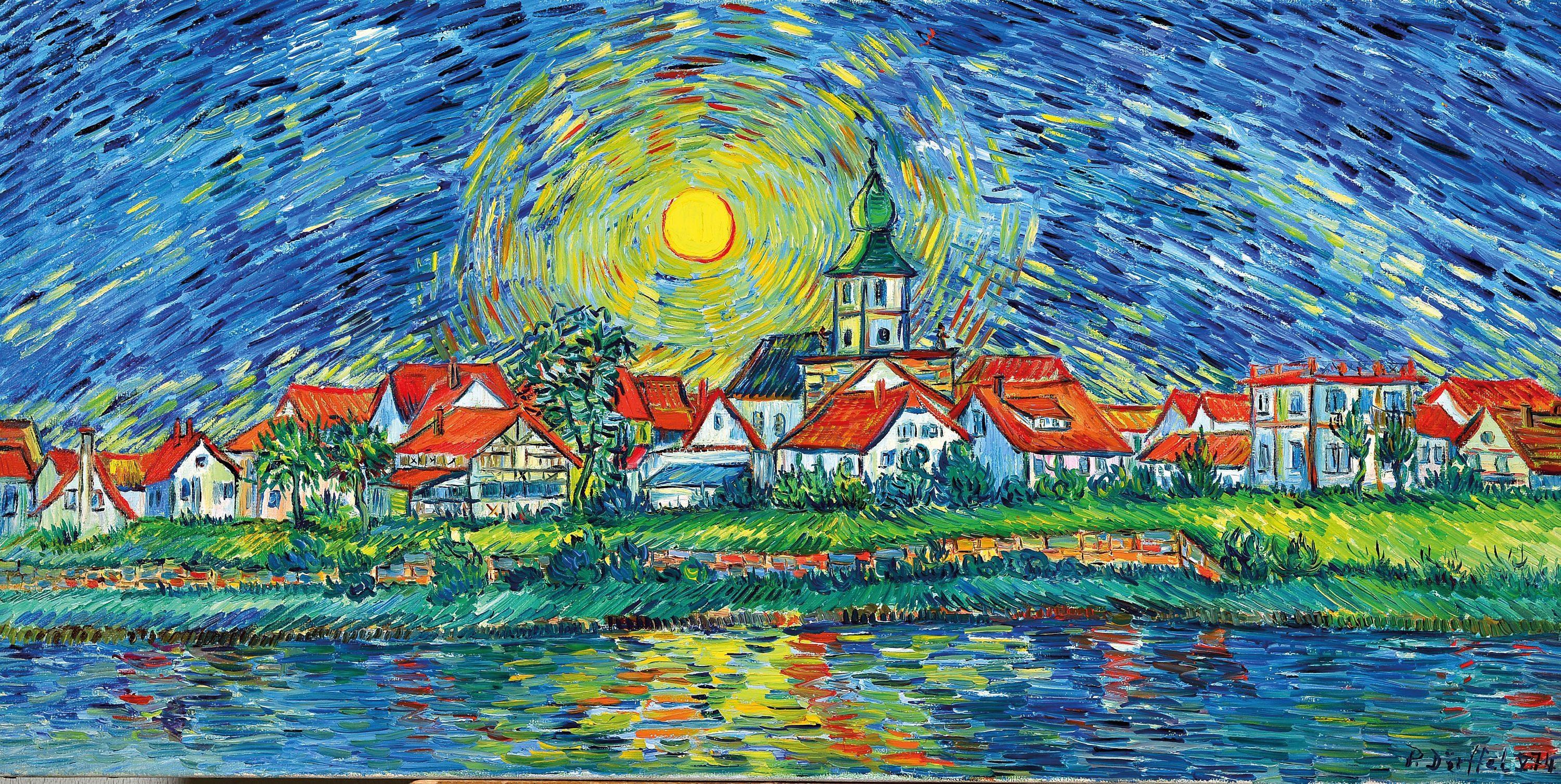 Detail k: Peter Dörffel, 1935 Halle-2021 Heidelberg, Blick auf Ladenburg, im Duktus Vincent van Goghs, rechts unten signiert und datiert 1974,Öl/Lwd, ...