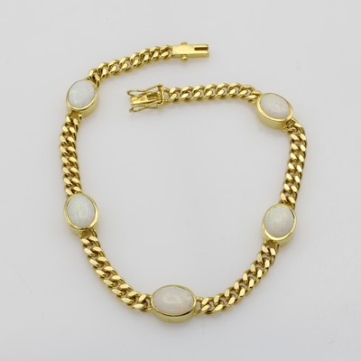 27054851a - Panzerarmband mit Opalen, GG 585/000, 5 Opale zus. ca. 3.35 ct, Kastenschl. m. 2 ...