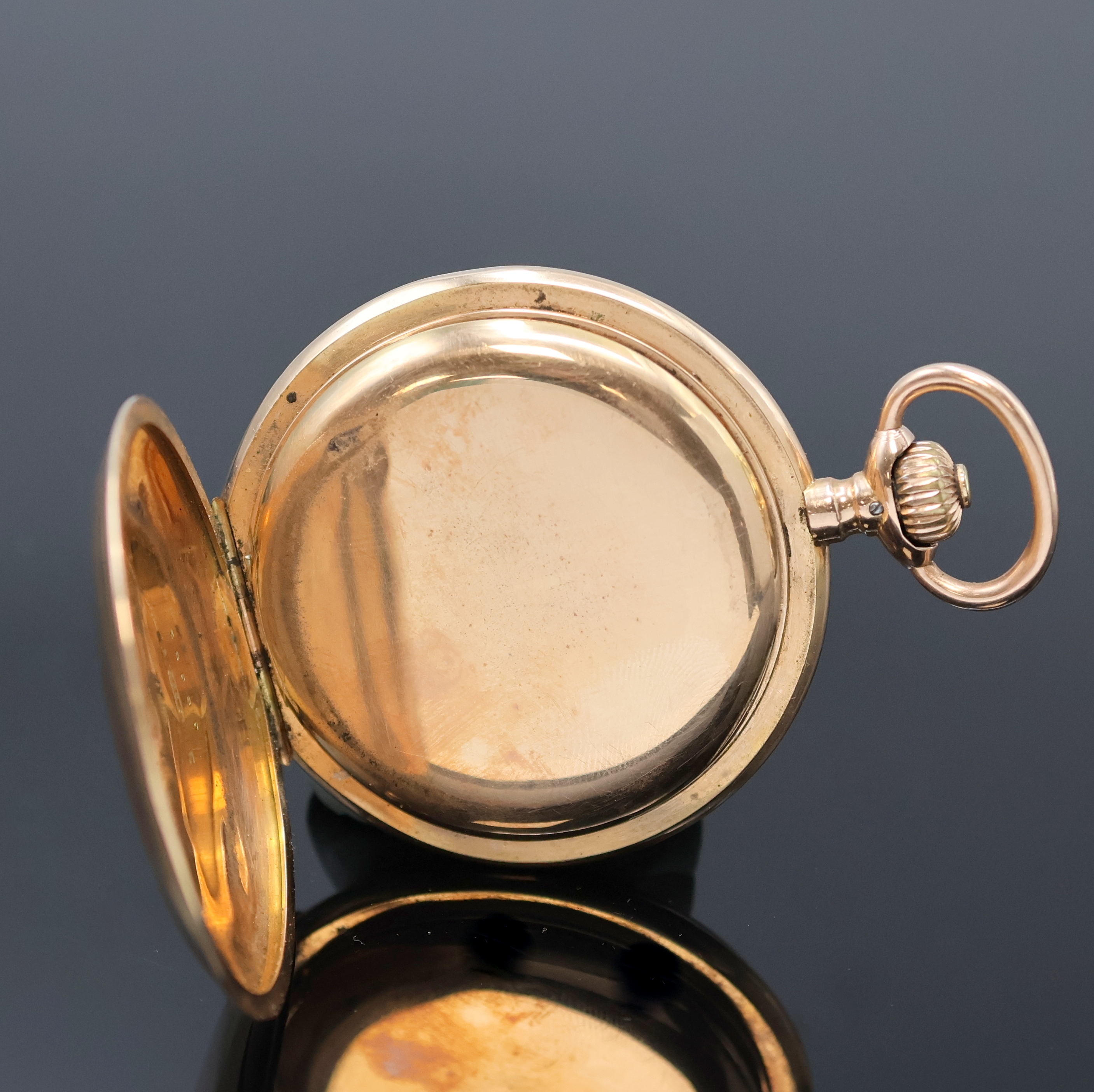 Detail e: GEBRÜDER ELLINGHAUSEN Berlin / UNION GLOCKE Savonette in RG 585/000, Schweiz um 1910, guill. 3-Deckel Goldgeh. ber./dell., 2-tlg.- Emailzifferbl. ...