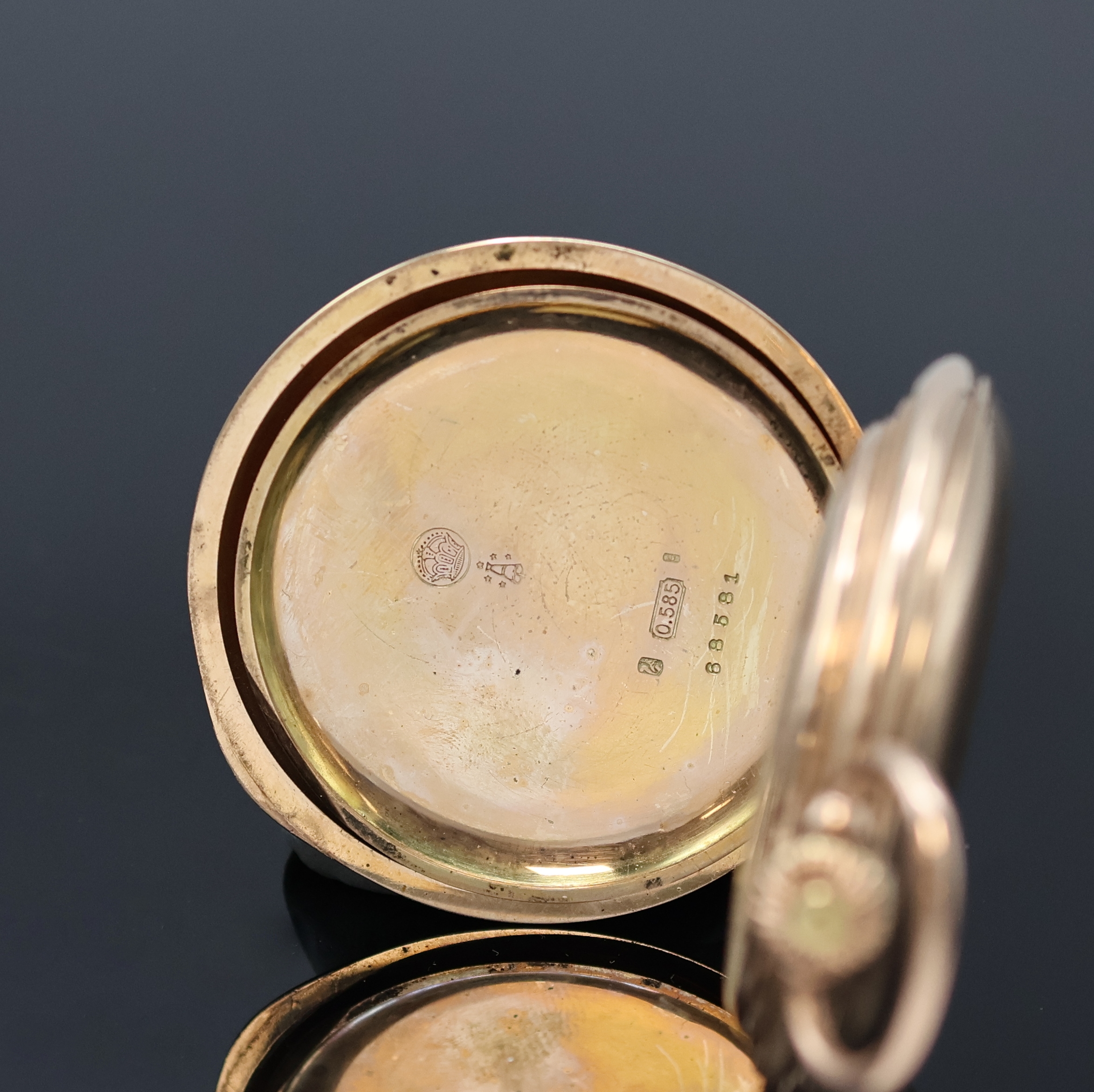 Detail f: GEBRÜDER ELLINGHAUSEN Berlin / UNION GLOCKE Savonette in RG 585/000, Schweiz um 1910, guill. 3-Deckel Goldgeh. ber./dell., 2-tlg.- Emailzifferbl. ...