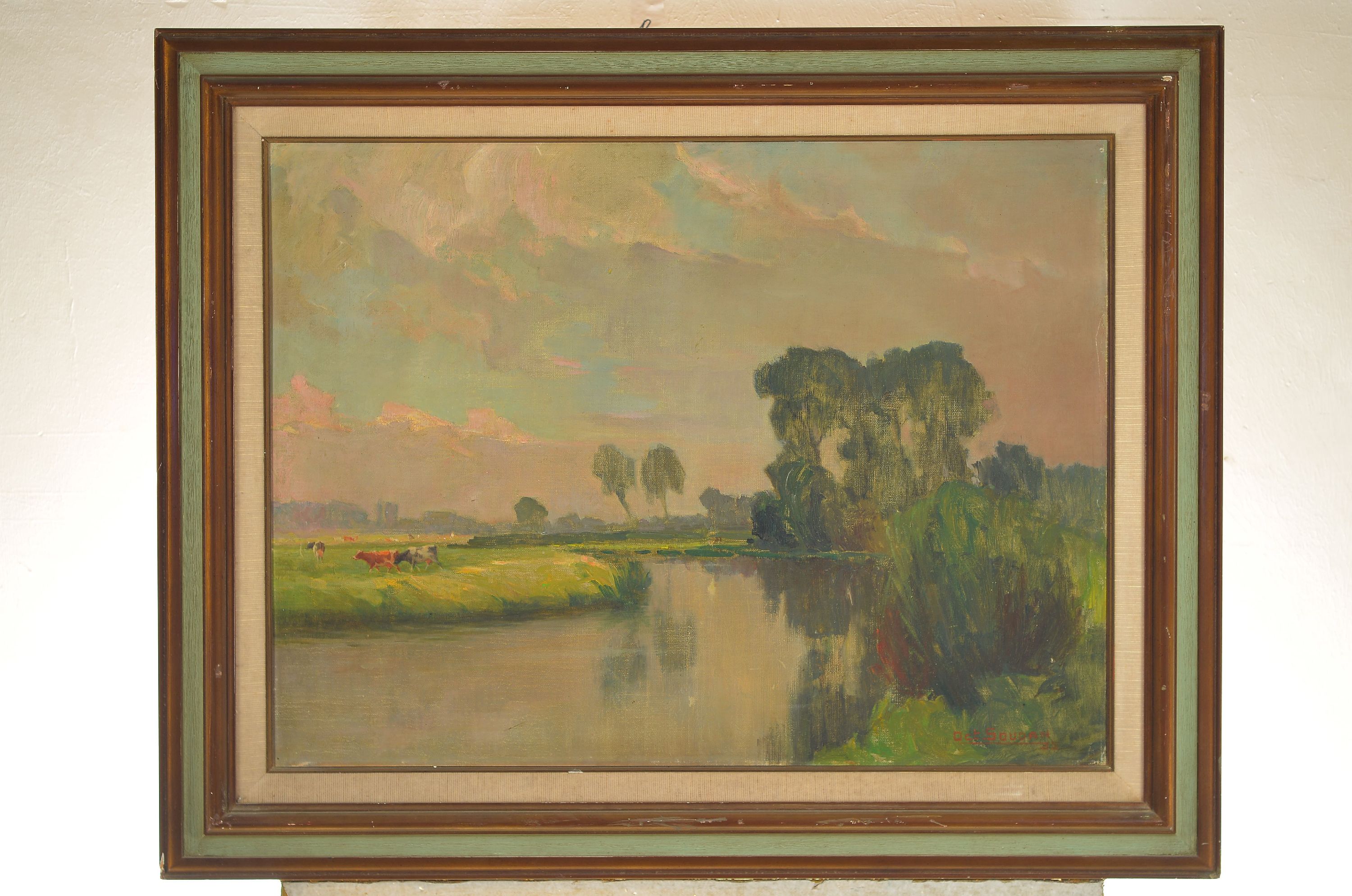 Detail k: Octave Soudan, 1872-1948, belgisch, belgische Flusslandschaft mit Vieh, rechts unten signiert, Öl/Lwd, 60x80 cm, Keilrahmen mit Künstleretikett, ...