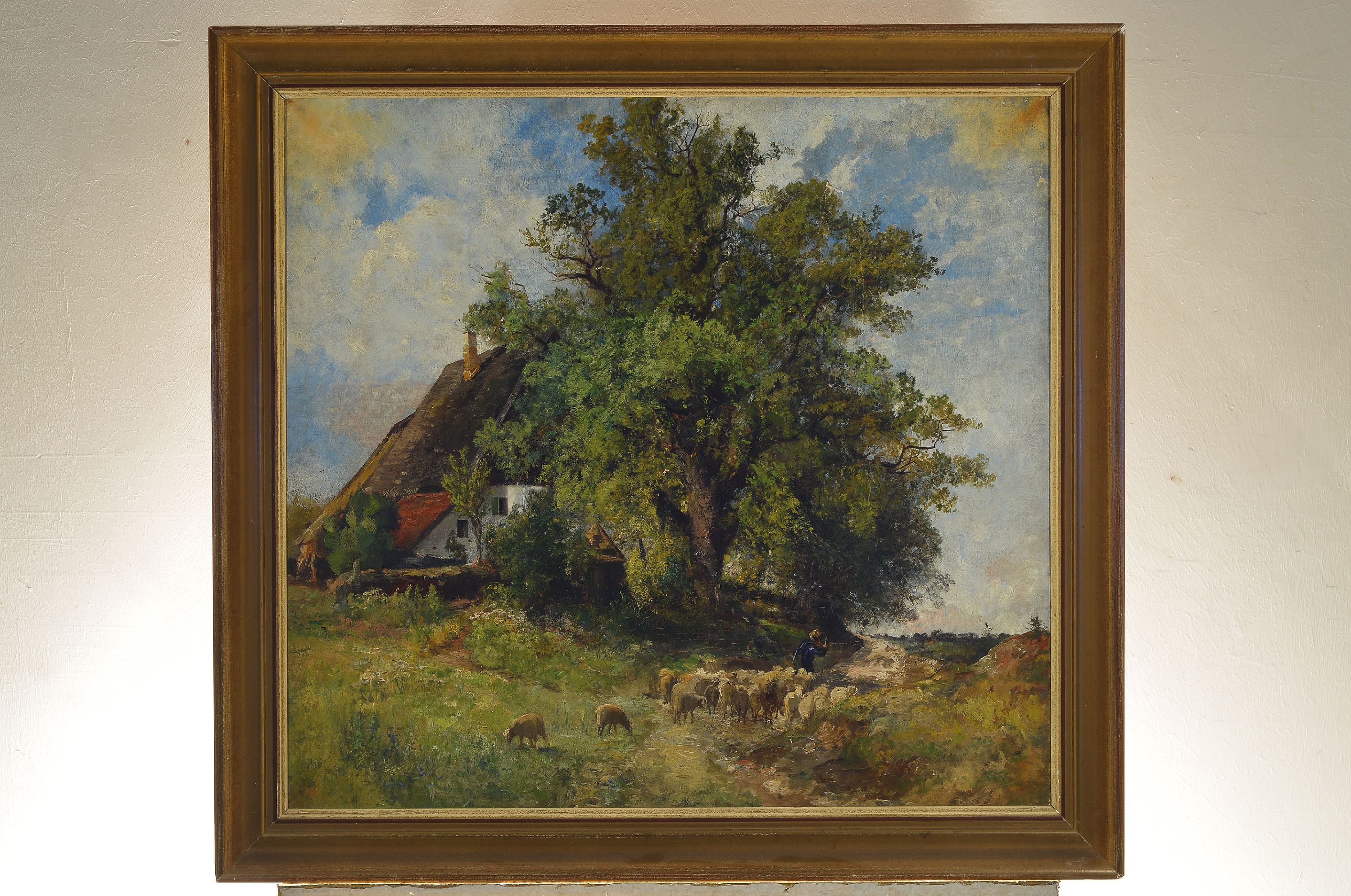 Detail k: Unbekannter Künstler, 19.Jh., Landschaft mit Bauernhaus und Schafherde, gekonnte Schilderung der Flora, unsigniert, Öl/Lwd, l. Oberfläche, 75x78 ...