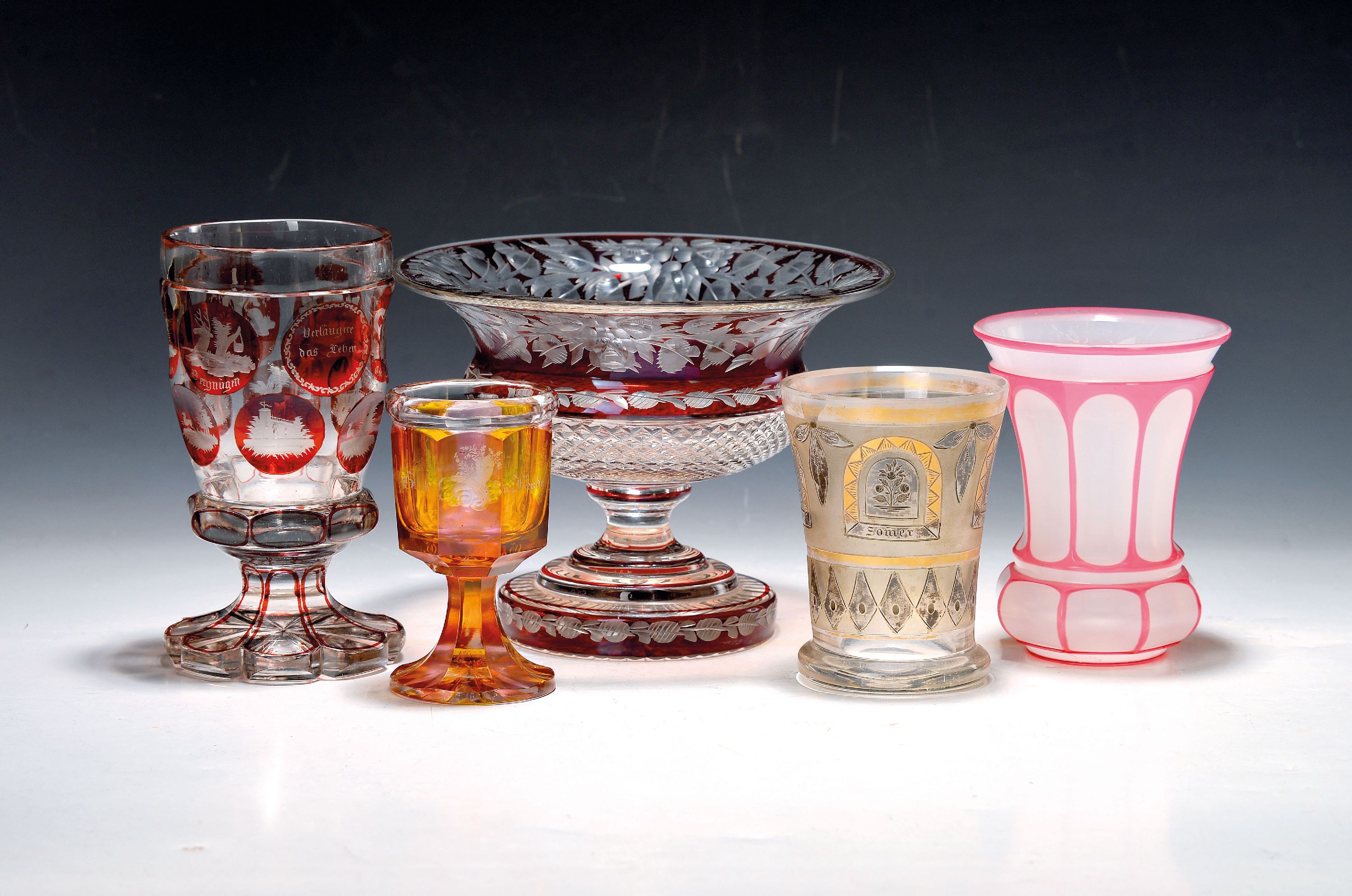 Image 27054985 - Five glass objects, Bohemia, 19th/20th century Century, a footed bowl, colorless crystal ...