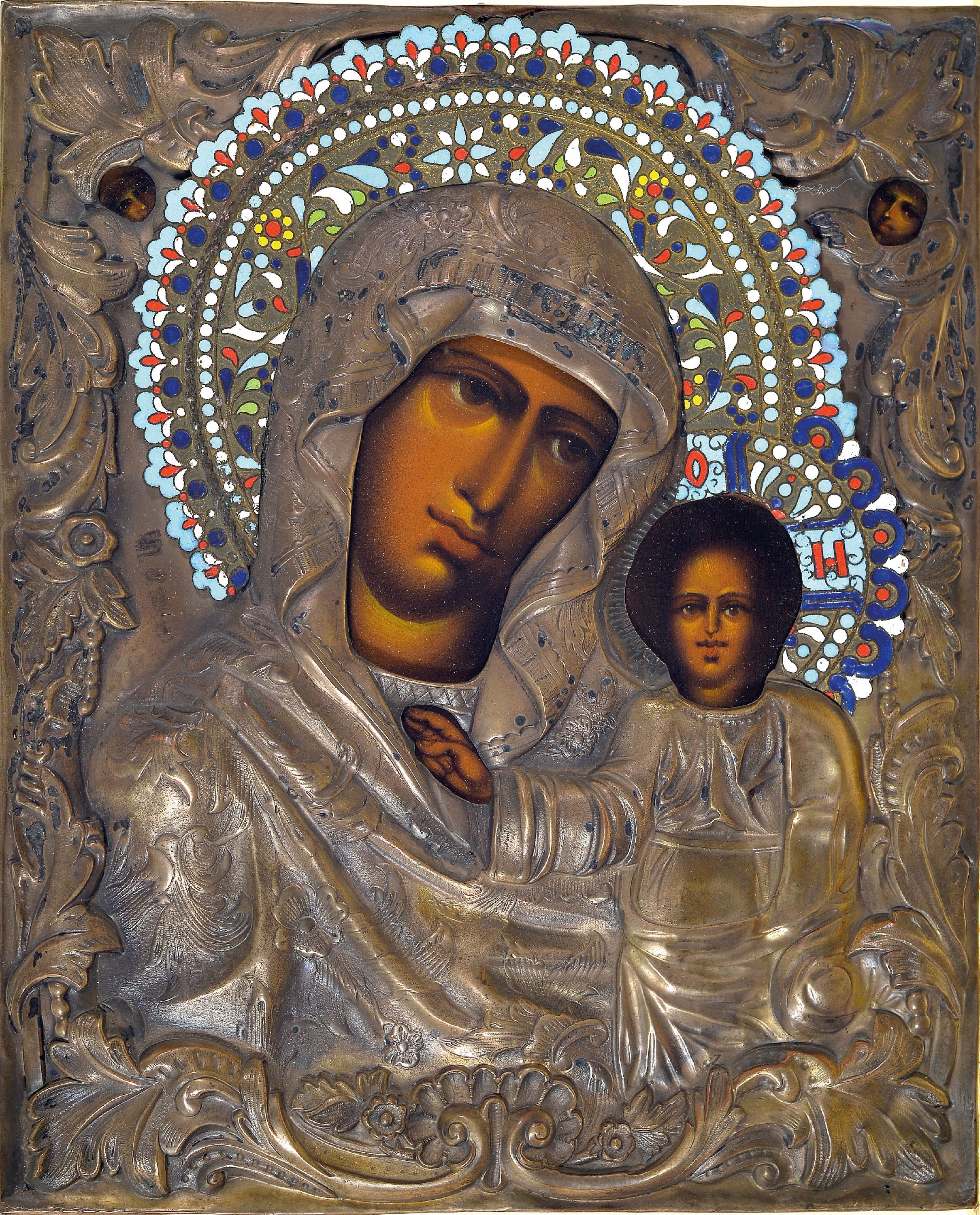 Detail k: Festtagsikone und Ikone mit Oklad, Russland, 19. Jh., Festtagsikone, Tempera/Holz, 29 Felder, beschädigt, ca. 44 x 38cm, dazu Mutter Gottes mit ...