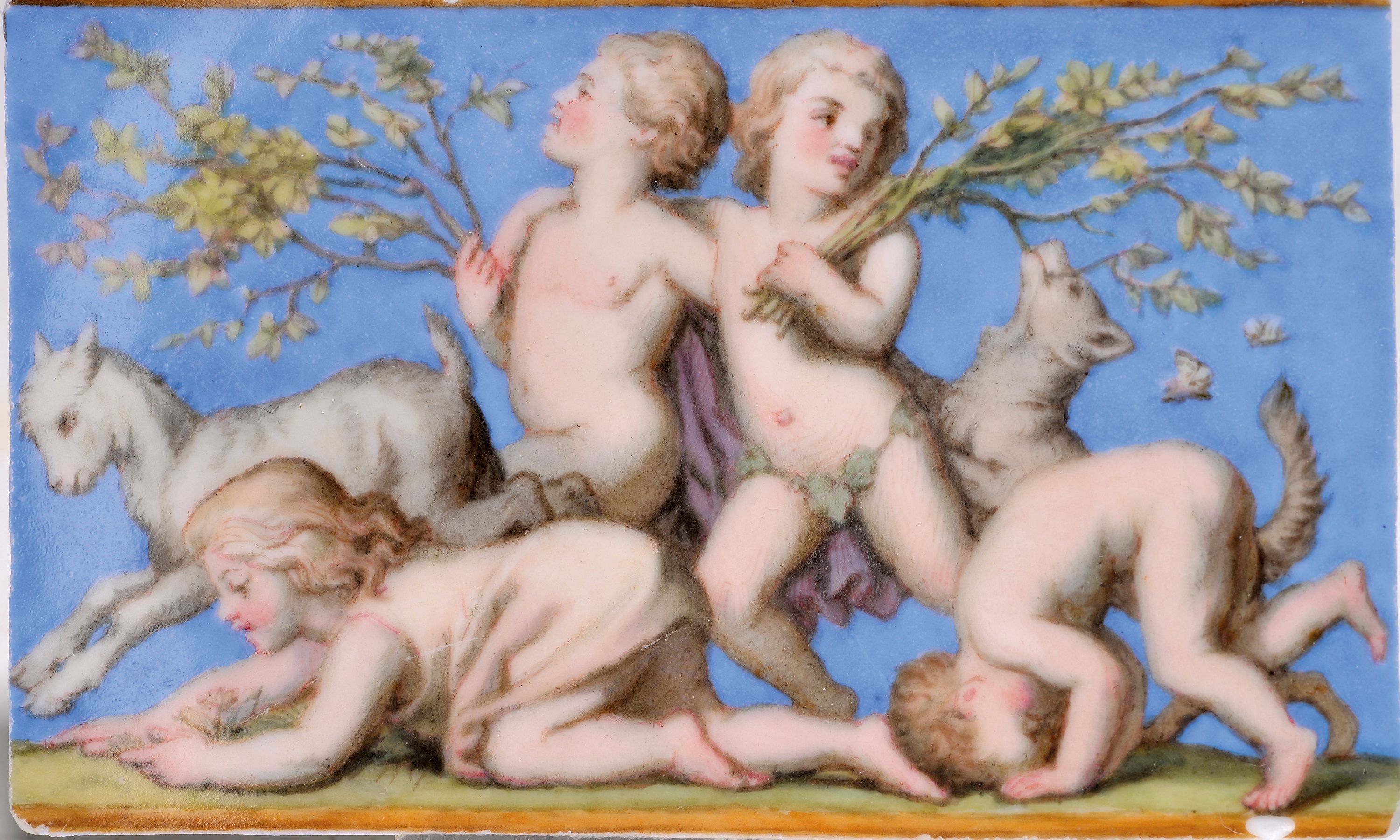 Detail a: 7 Porzellanbildplatten nach Gemälden von Ludwig Richter (1803-1884), Meissen, Knaufzeit um 1840/60, 2. Wahl, Porzellan, bemalt, Darstellungen mit ...