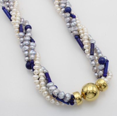Image 5-reihige Süßwasserzuchtperlenkette mit Lapislazuli, Wechselschl. 925er Silber verg., ...