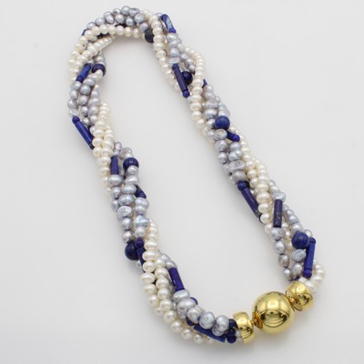 27054971a - 5-reihige Süßwasserzuchtperlenkette mit Lapislazuli, Wechselschl. 925er Silber verg., ...