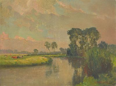 Image Octave Soudan, 1872-1948, belgisch, belgische Flusslandschaft mit Vieh, rechts unten ...