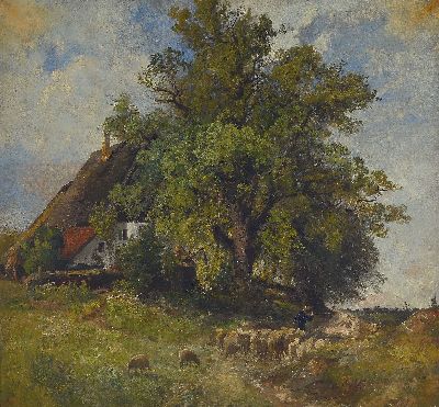 Image Unbekannter Künstler, 19.Jh., Landschaft mit Bauernhaus und Schafherde, gekonnte ...