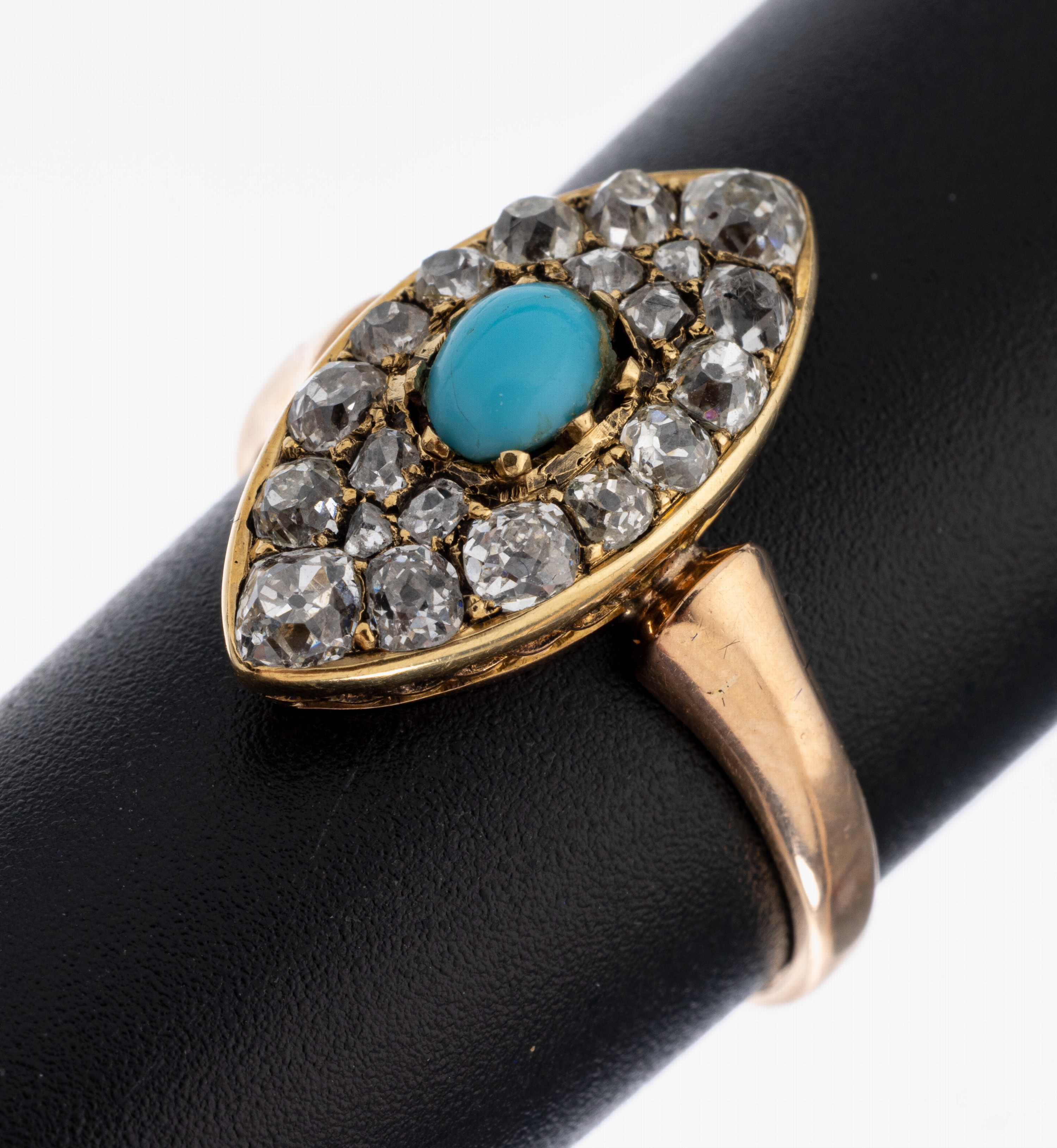 Image 27055014 - 14 kt Gold Türkis-Diamant-Ring, um 1910, GG585/000, sogn. Schiffchenring, mittig ein ...