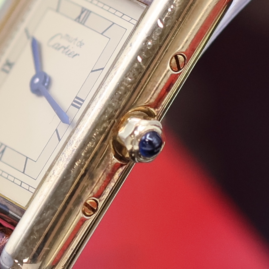 Detail c: CARTIER Tank Damenarmbanduhr Referenz 3 66001, Schweiz verk. lt. beil. Garantie 06/1983, quarz, vergoldetes Silbergeh. inkl. orig. Lederband m. verg. ...