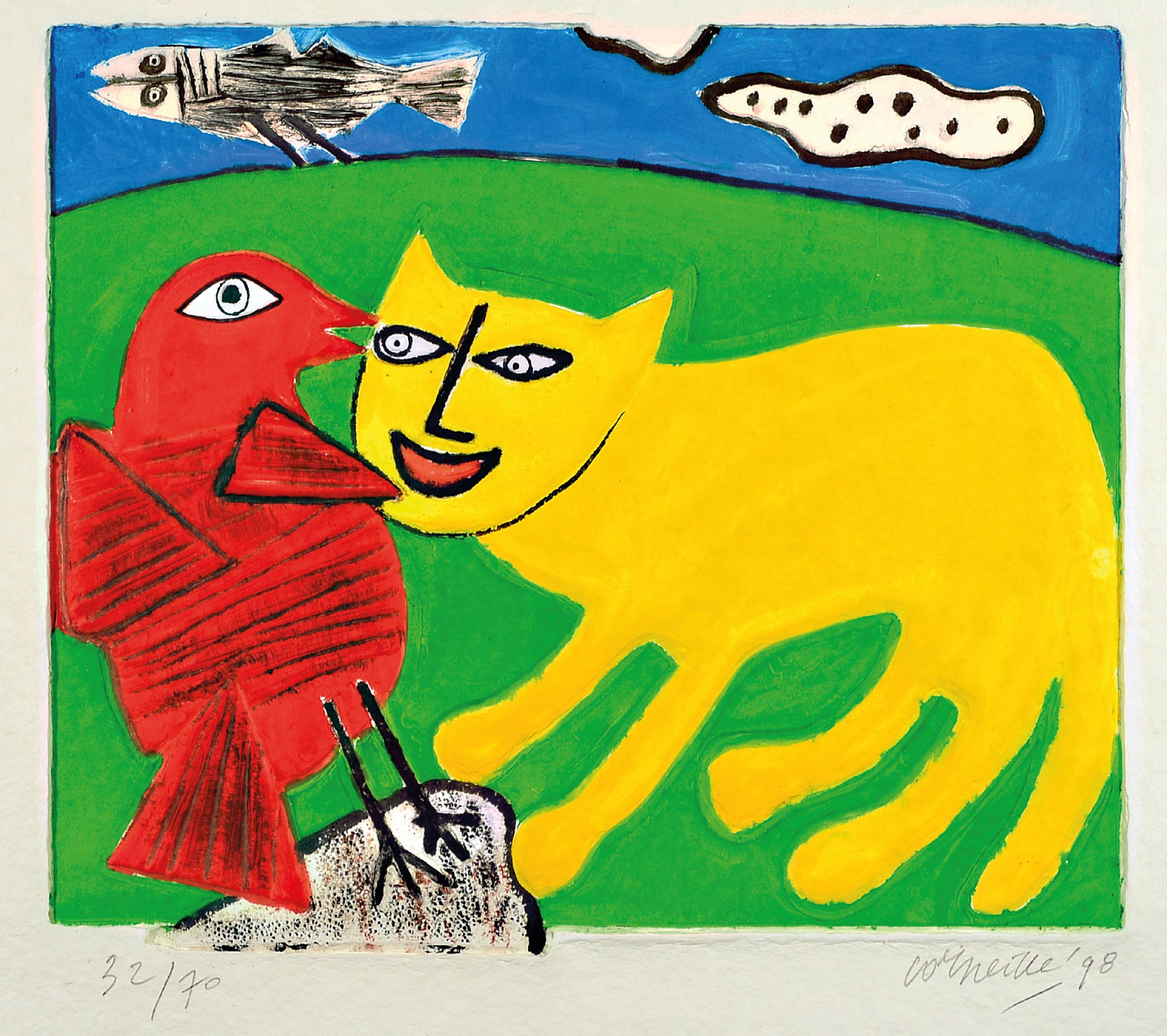 Image 27055072 - Corneille (Cornelis Guillaume van Beverloo), yellow cat with red bird and fish, ...