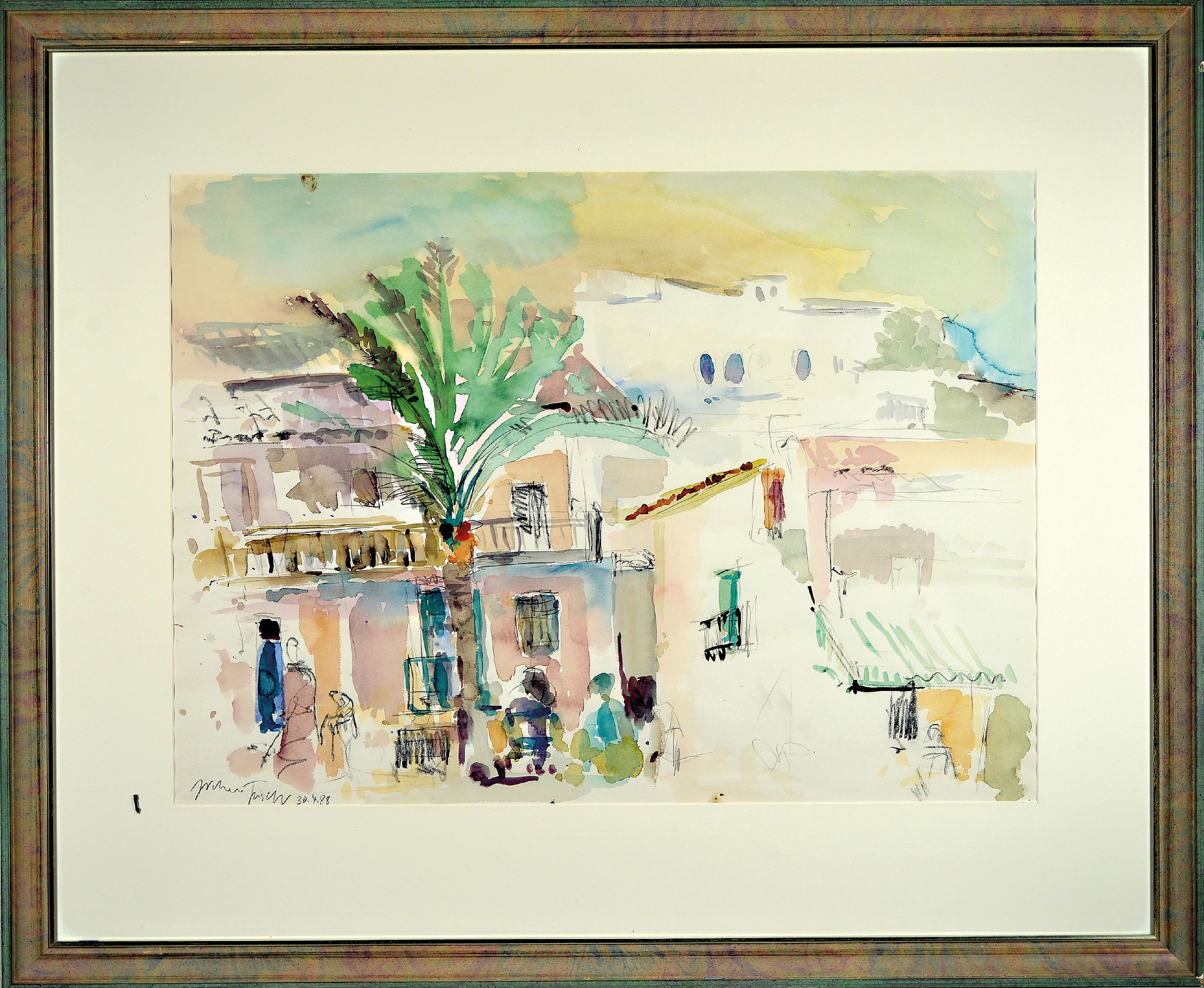 Detail k: Jochen Frisch, zeitgen. Pflälzer Künstler, ansässig in Speyer, geb. 1958 Schifferstadt, Aquarell, südliche Stadtansicht, signiert, l. fleckig, am ...
