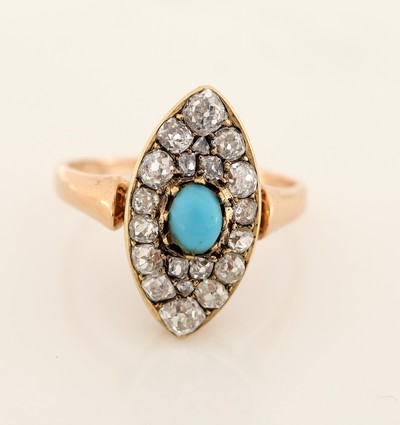 27055014a - 14 kt Gold Türkis-Diamant-Ring, um 1910, GG585/000, sogn. Schiffchenring, mittig ein ...