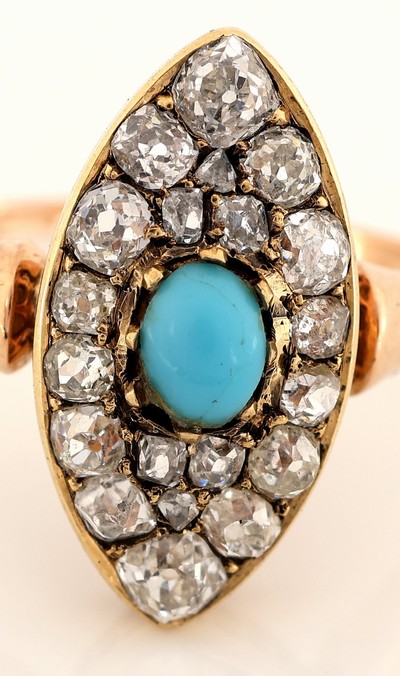 27055014b - 14 kt Gold Türkis-Diamant-Ring, um 1910, GG585/000, sogn. Schiffchenring, mittig ein ...