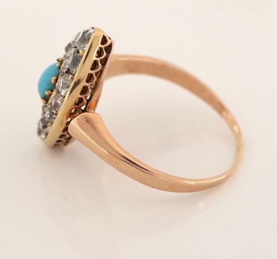 27055014d - 14 kt Gold Türkis-Diamant-Ring, um 1910, GG585/000, sogn. Schiffchenring, mittig ein ...