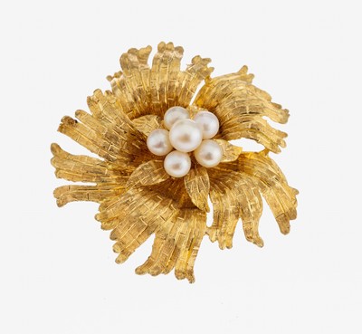 Image 18 kt Gold Perl-Brosche, GG 750/000, in Form einer Blüte, Oberfläche strukt., 6 ...