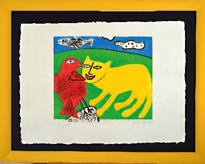 27055072k - Corneille (Cornelis Guillaume van Beverloo), yellow cat with red bird and fish, ...