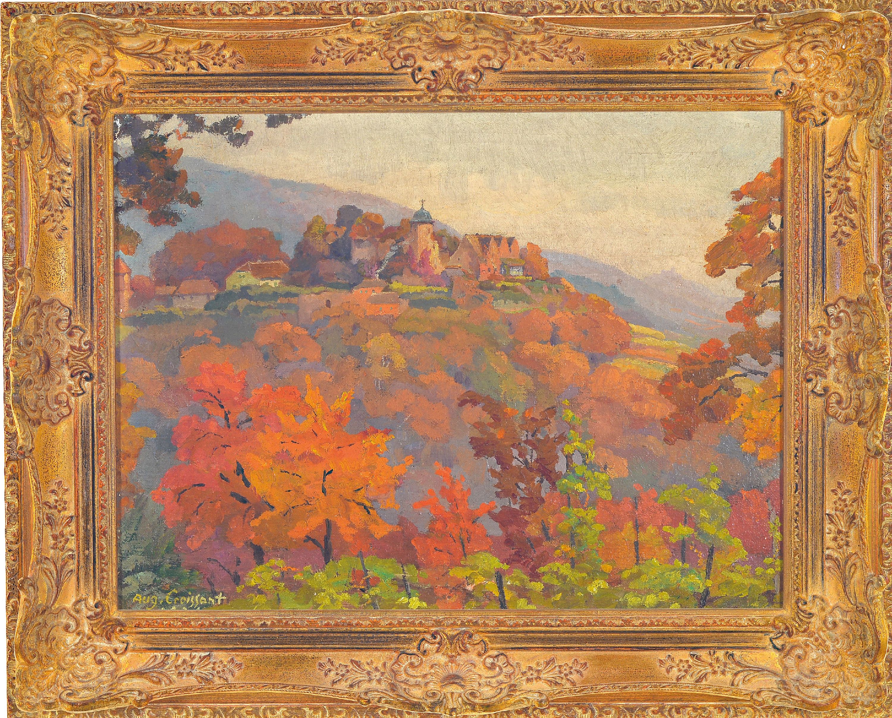 Detail k: August Croissant, 1870-1941 Landau, Herbstliche Landschaft mit Blick auf die Kropsburg, Öl/Holz, links unten signiert und dat. 1936, ca. 30x40cm, R. ...