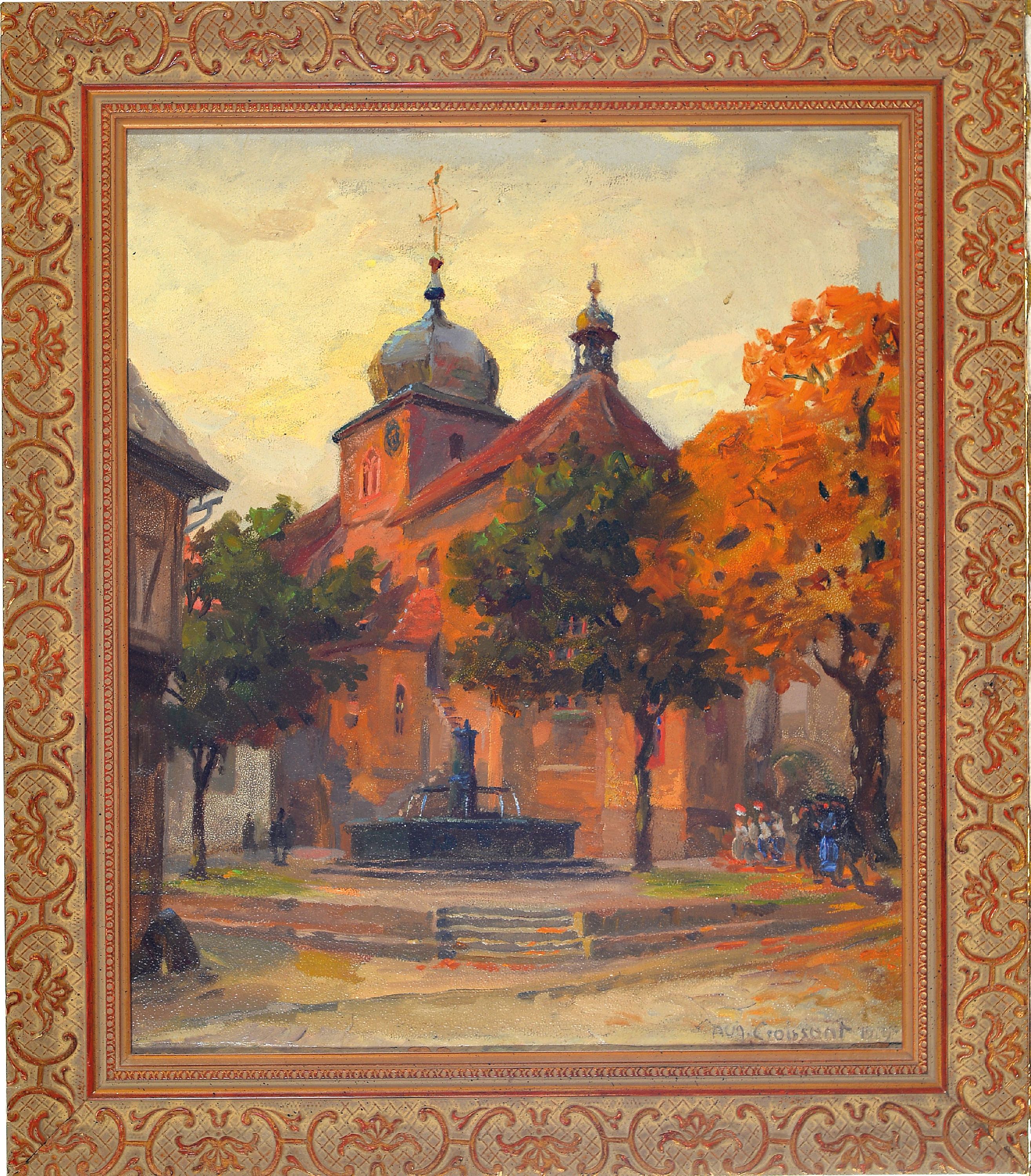 Detail k: August Croissant, 1870-1941 Landau, Blick auf die St. Georgskirche in Wachenheim, Öl/ Malkarton, rechts unten sign. und dat. 1919, ca. 33x27cm, R. ...