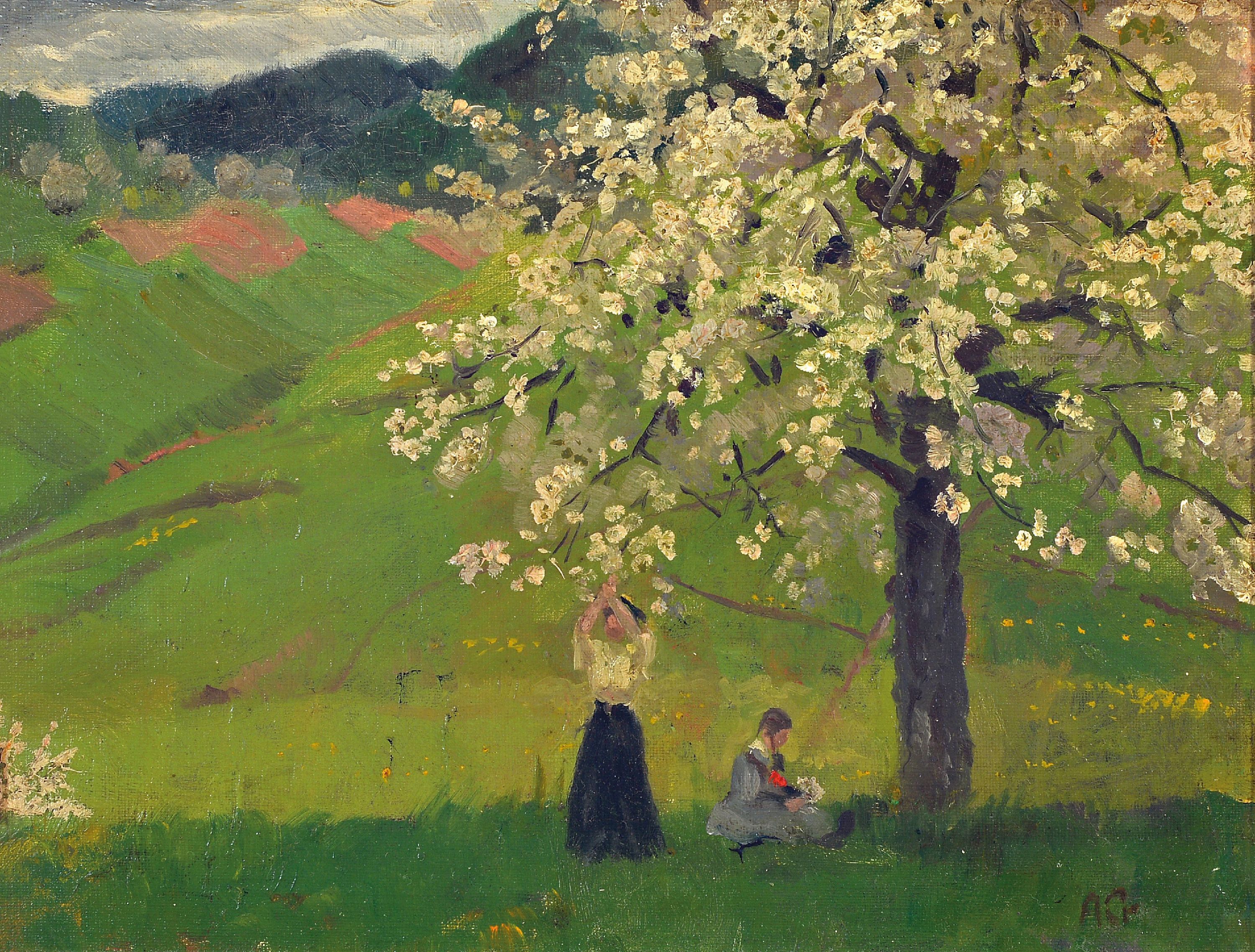 Image 27055157 - August Croissant, 1870-1941 Landau, Zwei junge Frauen unter einem blühenden Baum auf ...