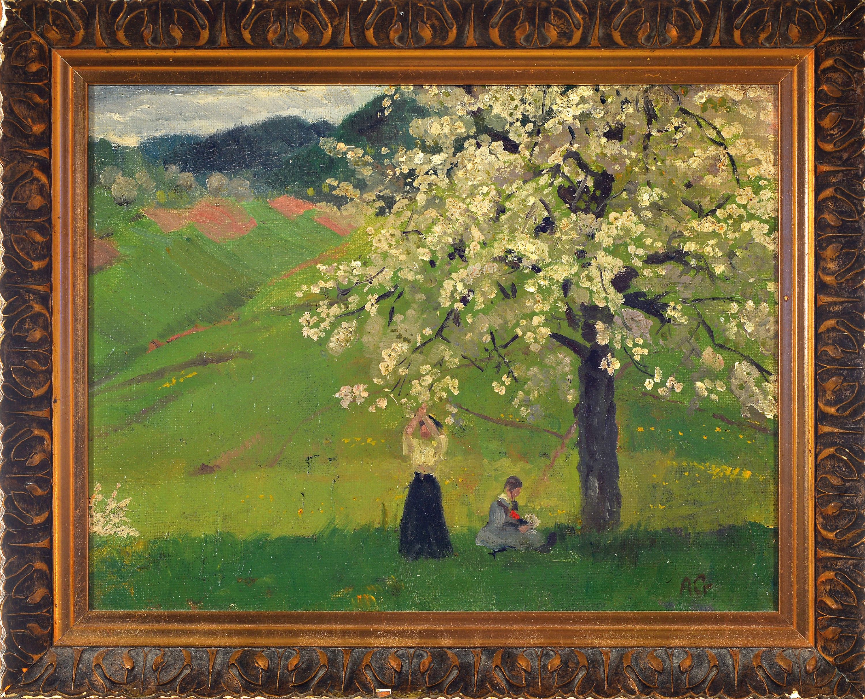 Detail k: August Croissant, 1870-1941 Landau, Zwei junge Frauen unter einem blühenden Baum auf einer Wiese, Öl/Malkarton, rechts unten monogr. A.C., ...