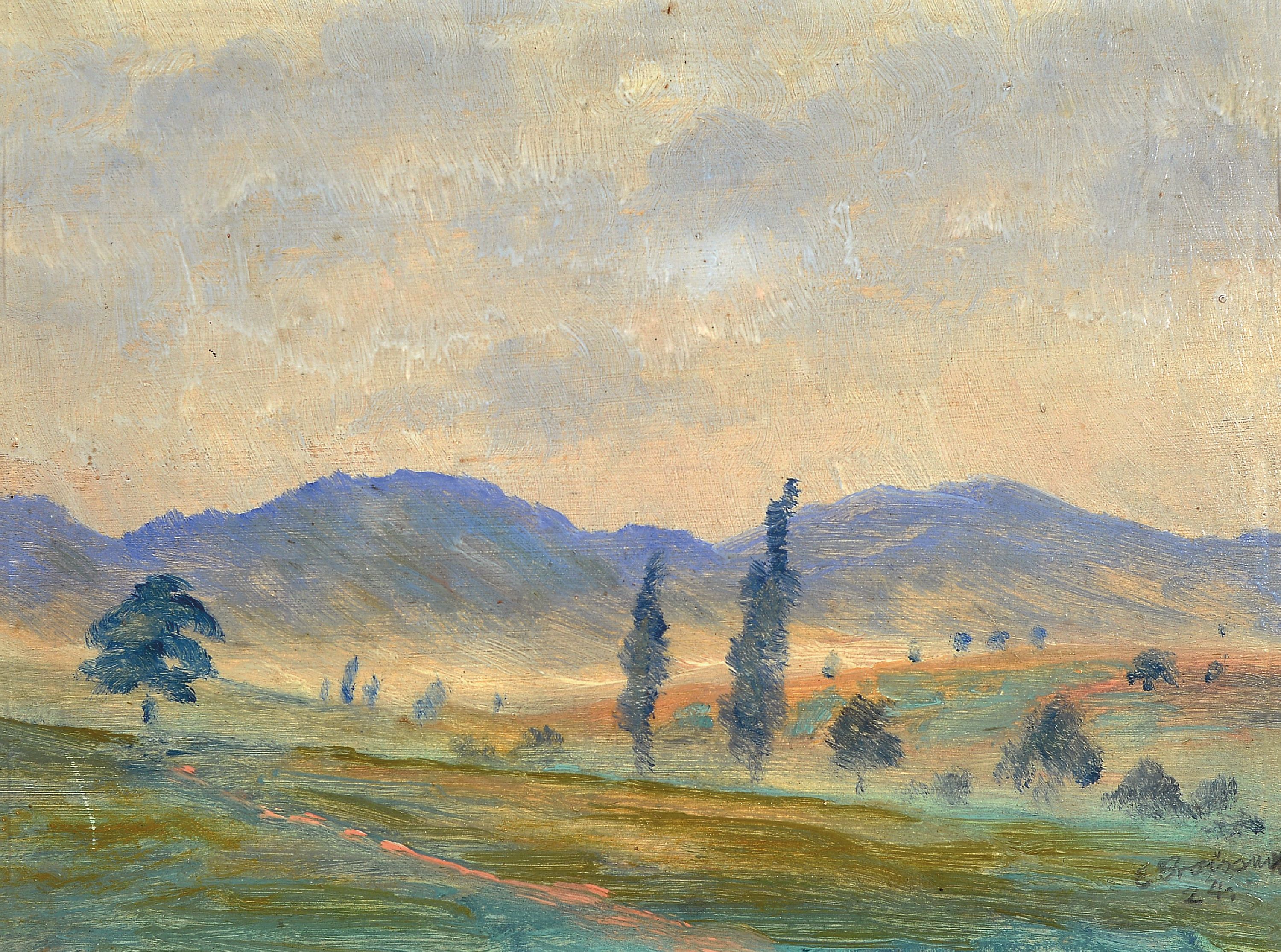 Image 27055163 - Eugen Croissant, 1898 Landau-1976 Breitbrunn, Palatinate landscape, oil/painting board, ...