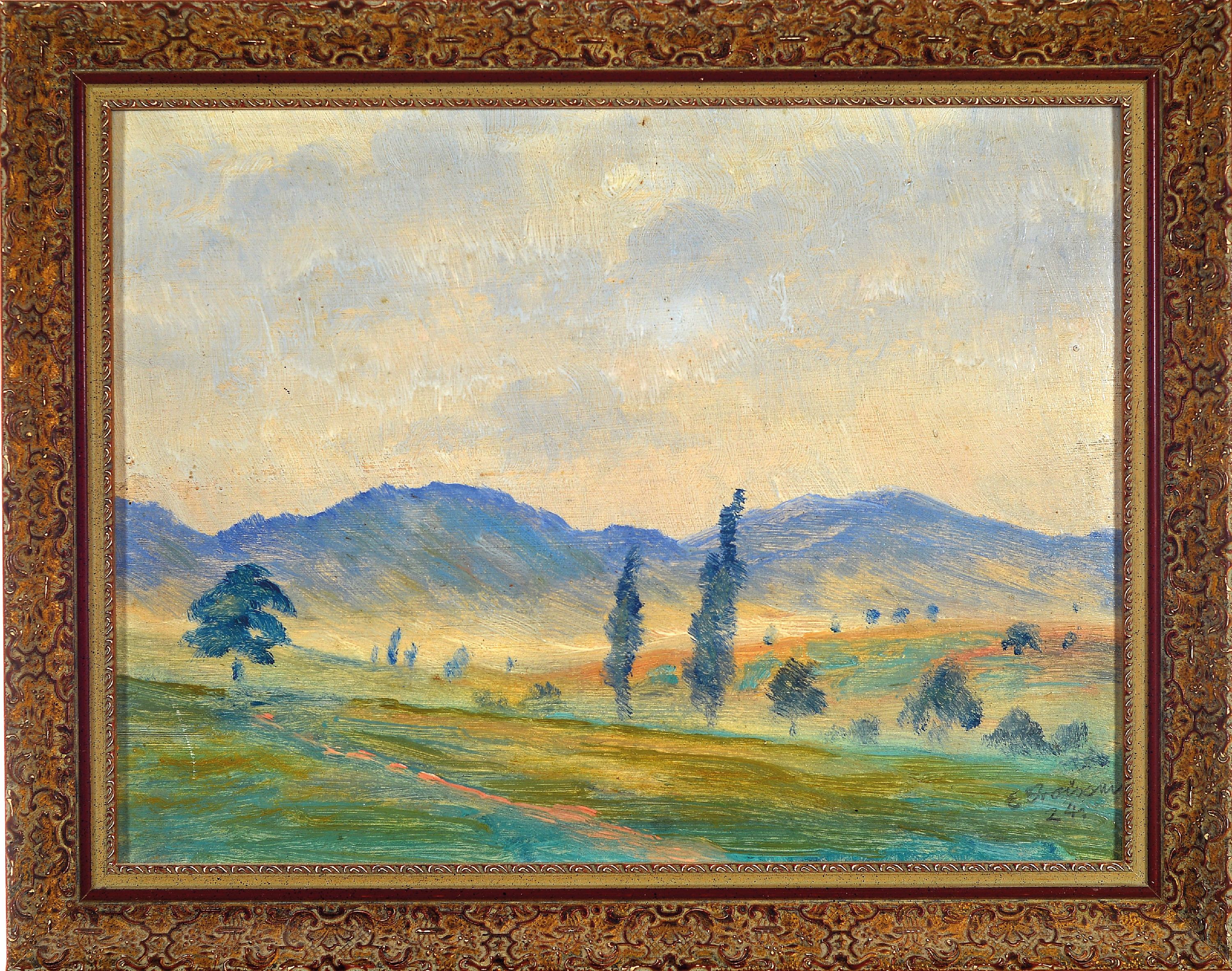 Detail k: Eugen Croissant, 1898 Landau-1976 Breitbrunn, Pfälzer Landschaft, Öl/Malkarton, rechts unten sign. und dat. 24, verso betitelt, ca. 21x28cm, R. ca. ...