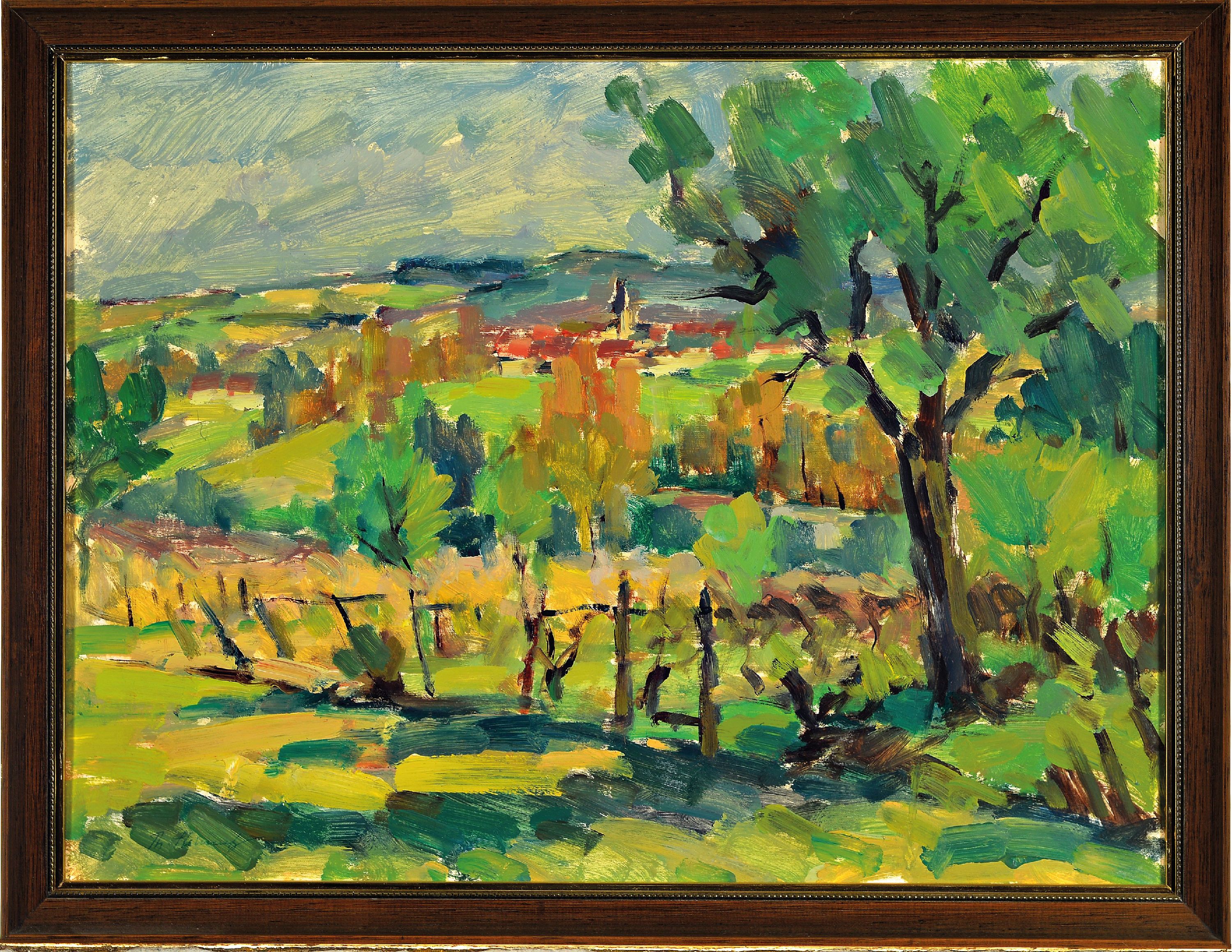 Detail k: Philippe Steinmetz, 1900-1987 Landau, Blick auf Sessenheim (Elsass), Öl/Malkarton, links unten signiert, ca. 37x48cm, R. ca. 40x52cm