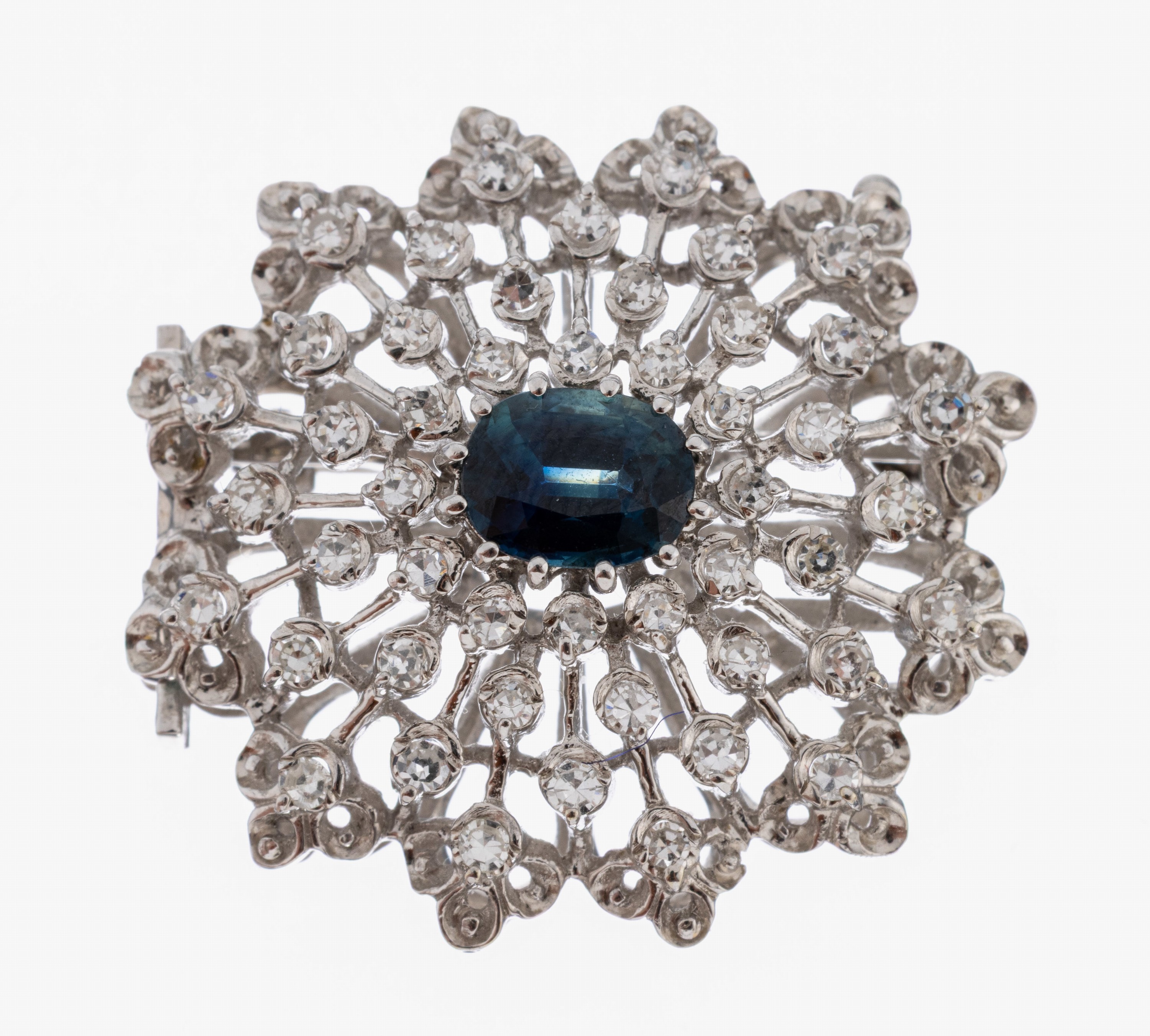 Image 27055178 - 14 kt Gold Saphir-Diamant-Brosche, WG 585/000 gepr., ovalfacett. Saphir ca. 1.0 ct, ...