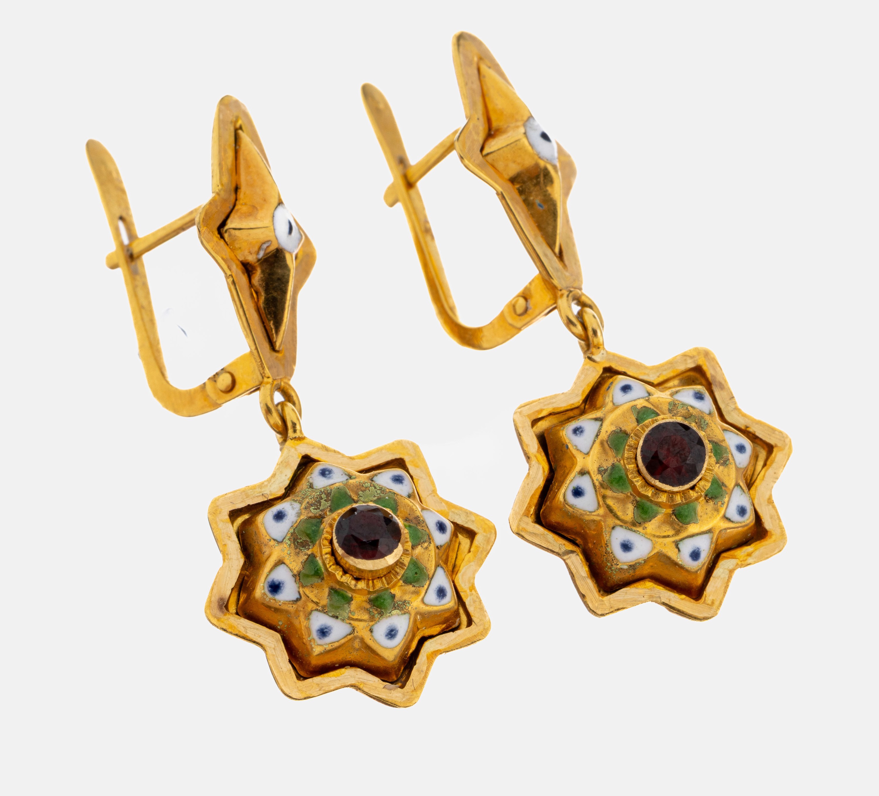 Image 27055198 - Pair of 22 ct Gold enamel-garnet-earrings , YG 916/000, blossom shaped suspension with ...